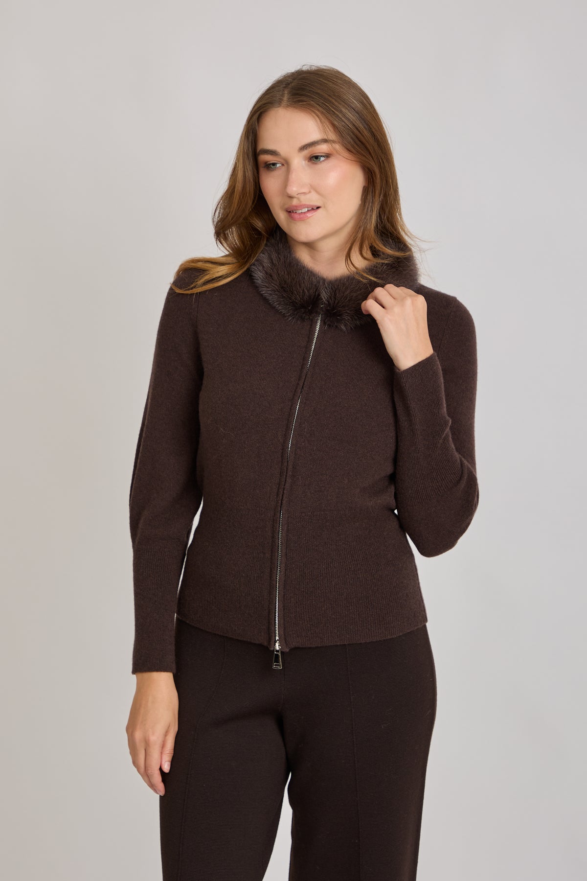 CASHMERE CARDIGAN WITH MINK COLLAR-DARK BROWN