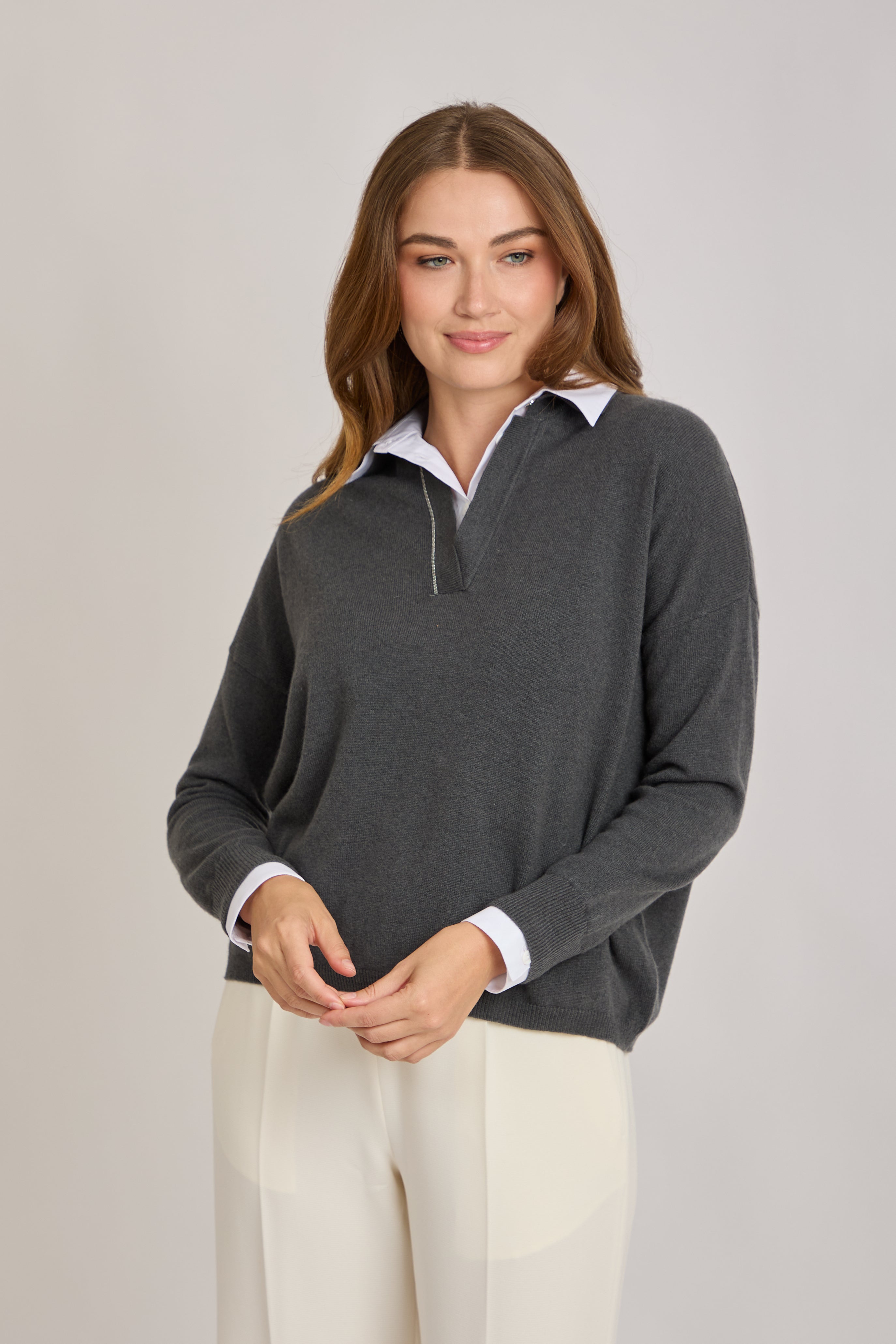 JUMPER WITH SHIRT COLLAR- ANTHRACITE