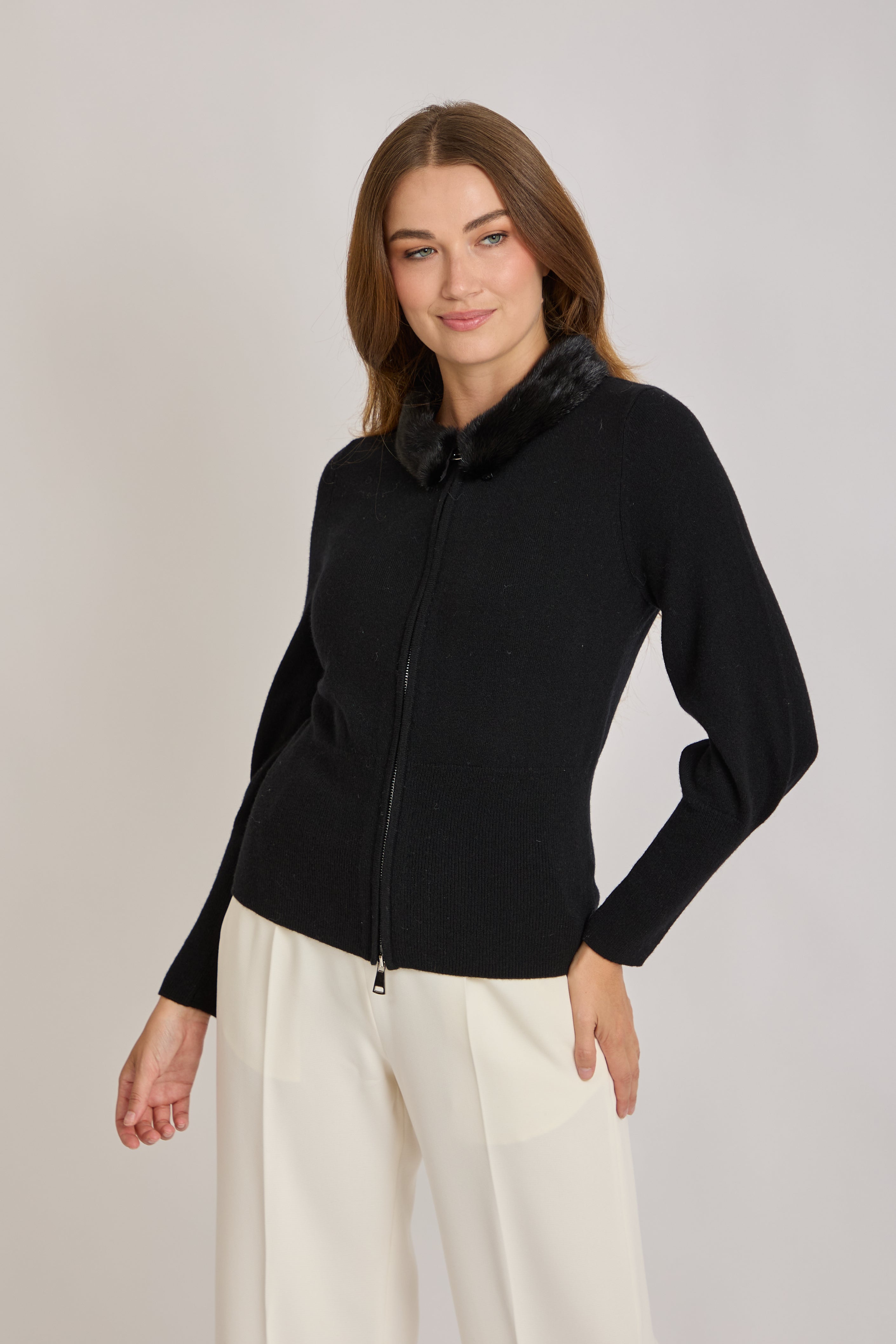 CASHMERE CARDIGAN WITH MINK FUR COLLAR-BLACK