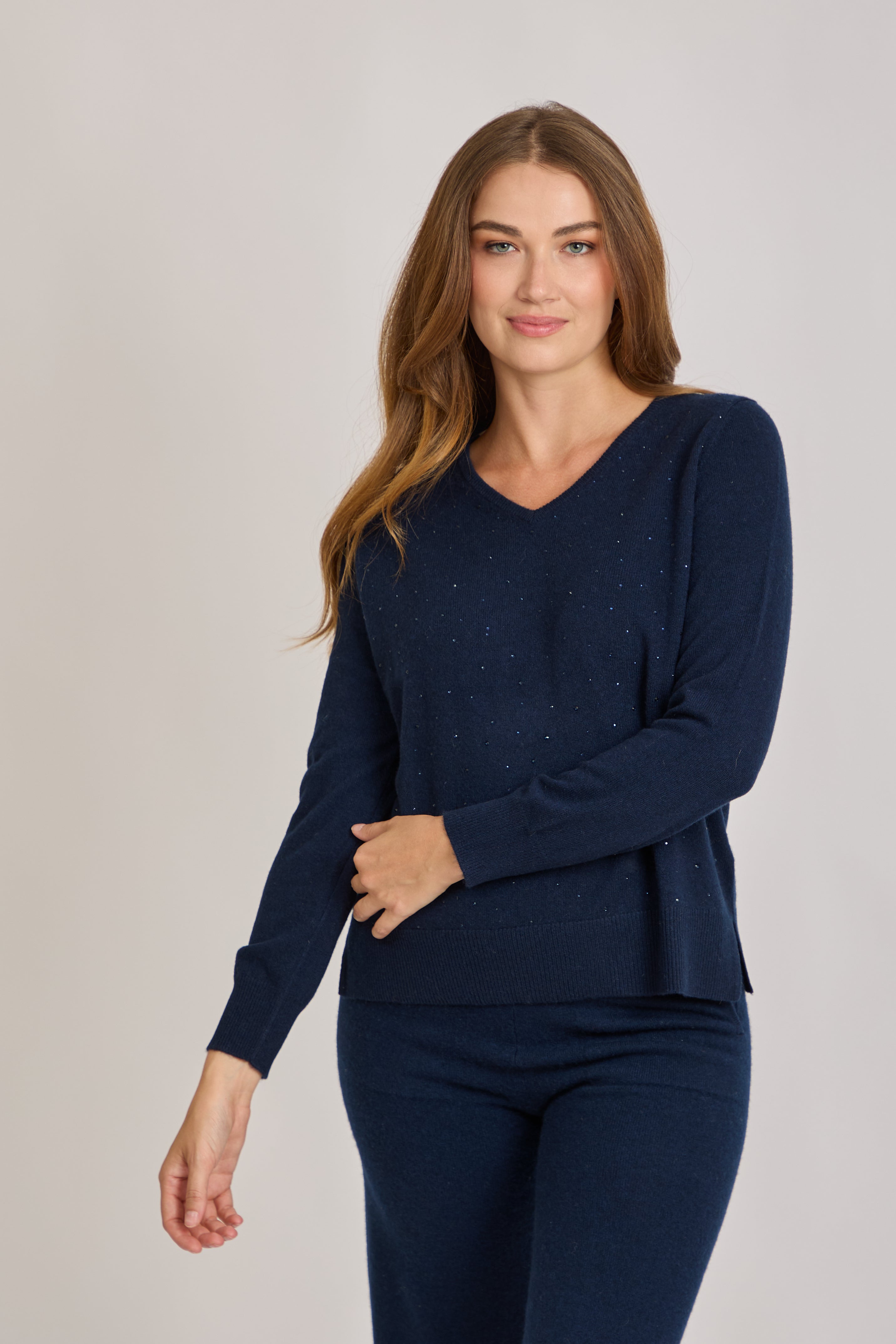 V NECK CASHMERE JUMPER WITH STRASS- NAVY