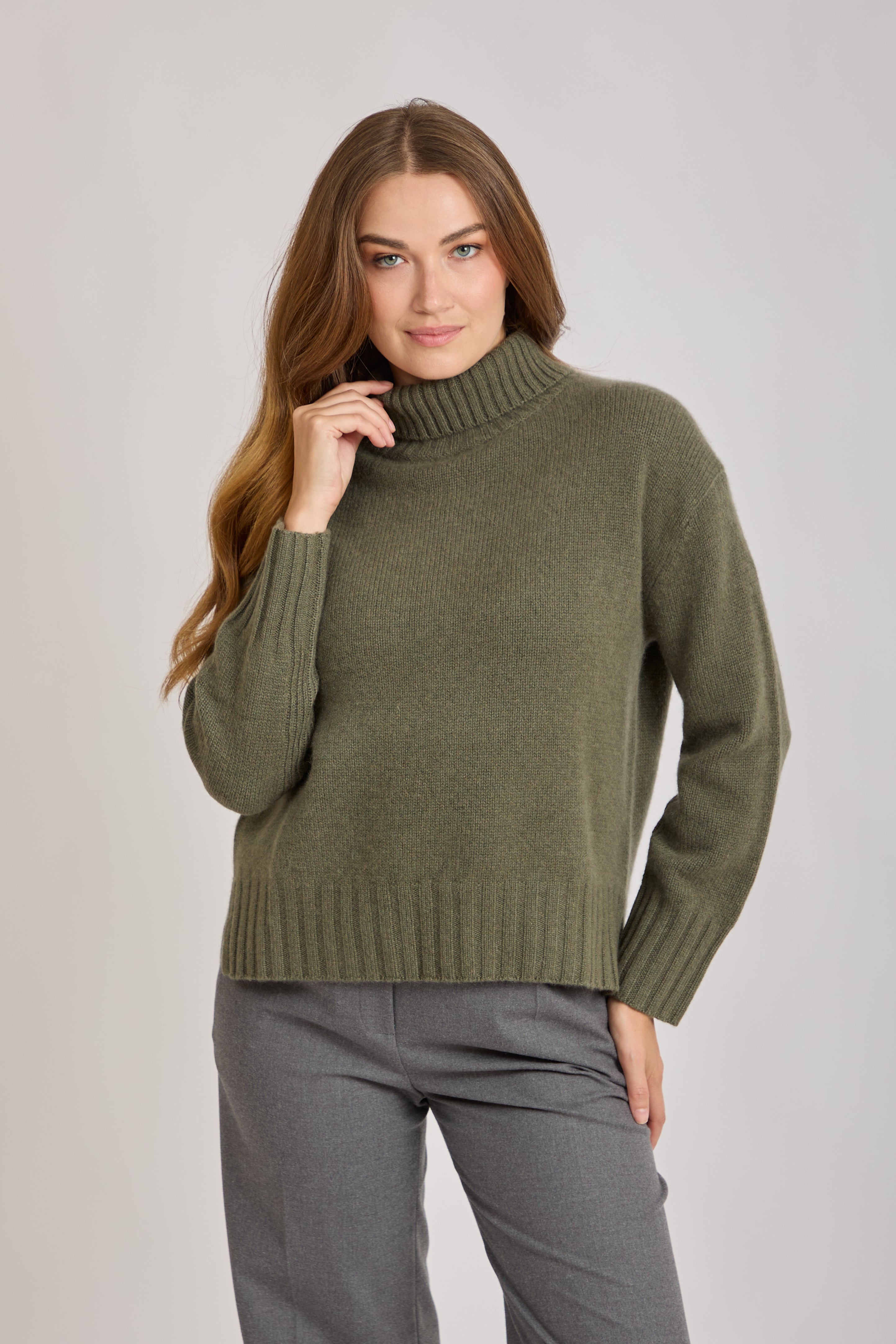 CASHMERE THIK HIGH NECK JUMPER-KAKI
