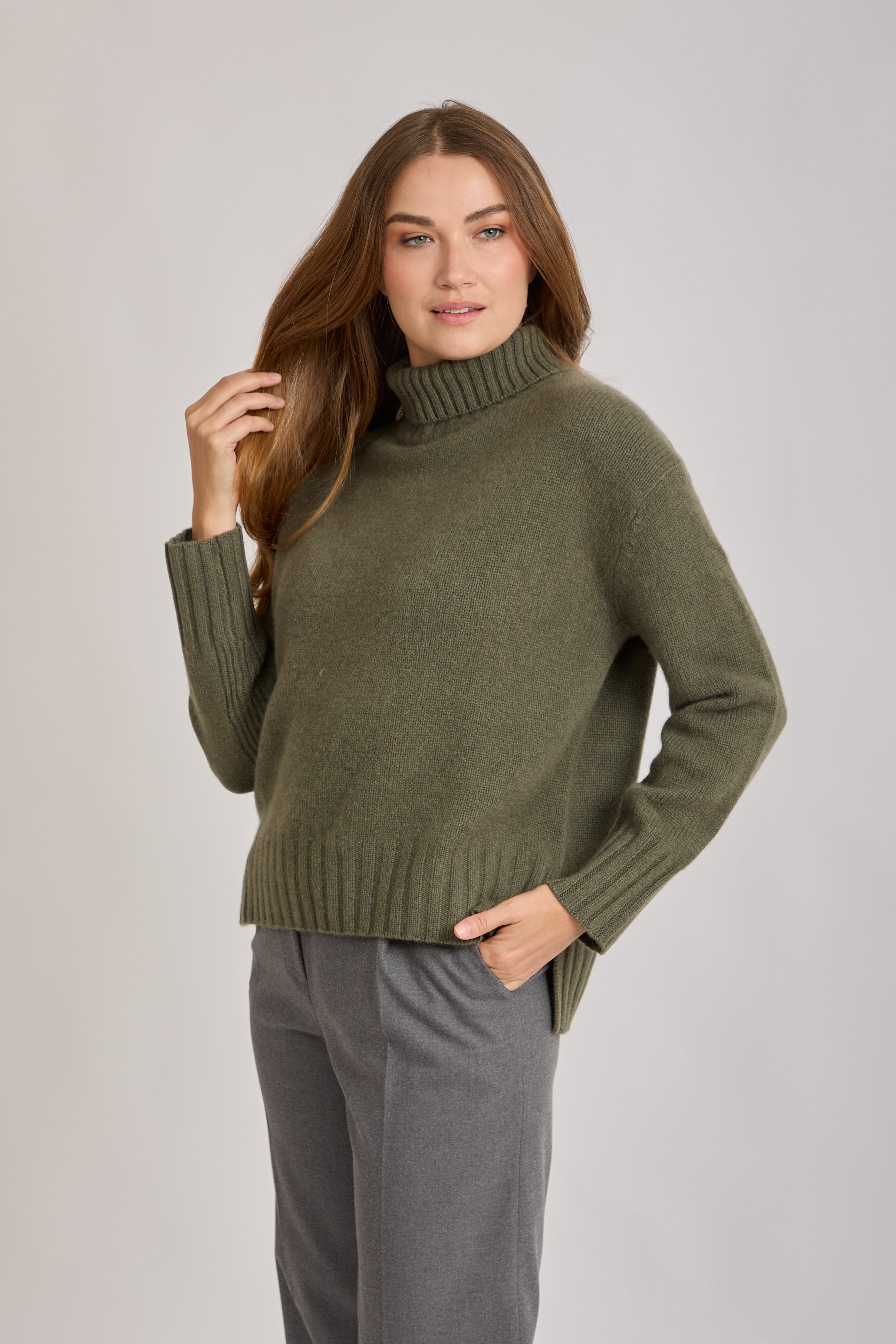 CASHMERE THIK HIGH NECK JUMPER-KAKI