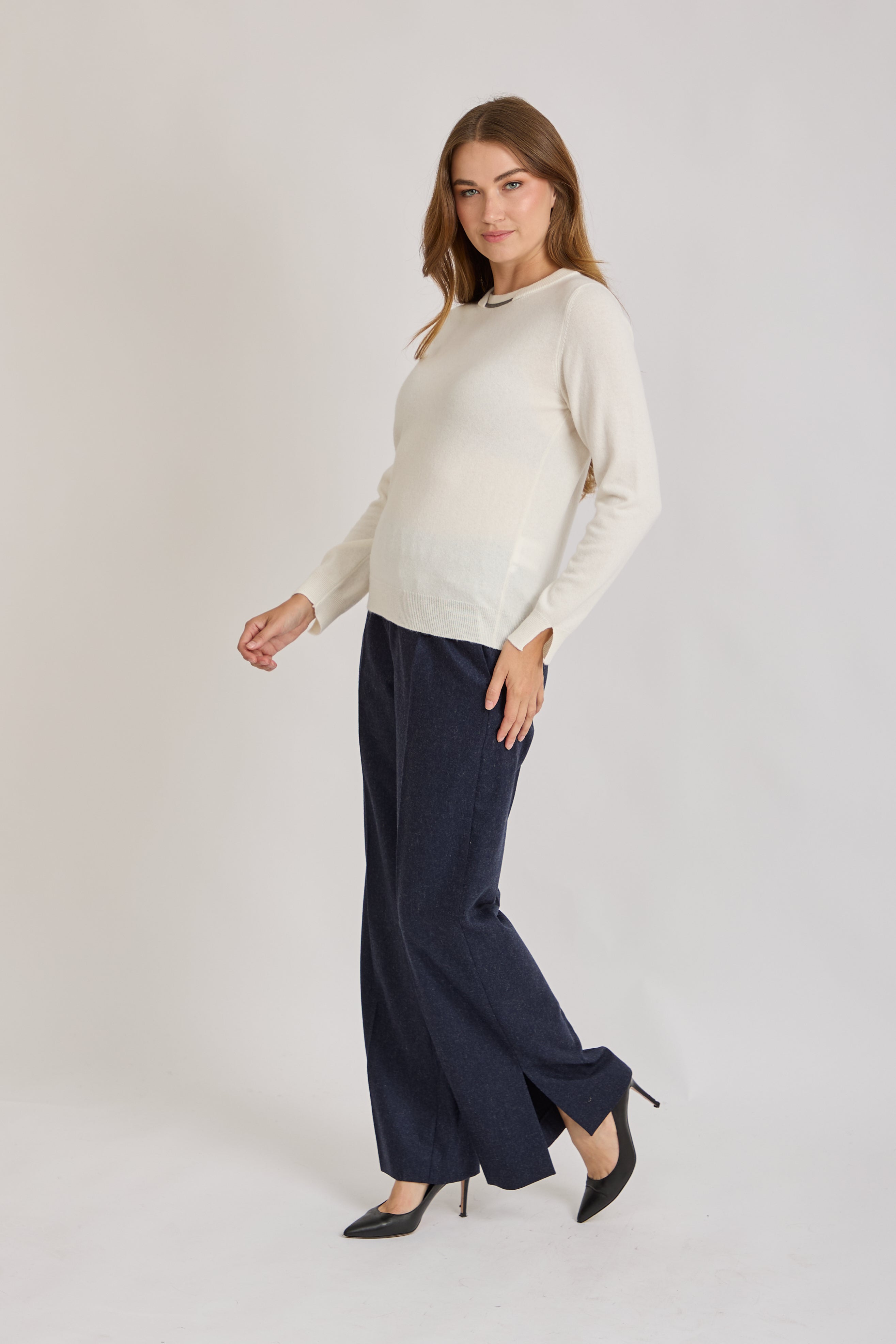 FLARE WOOL TROUSERS-NAVY