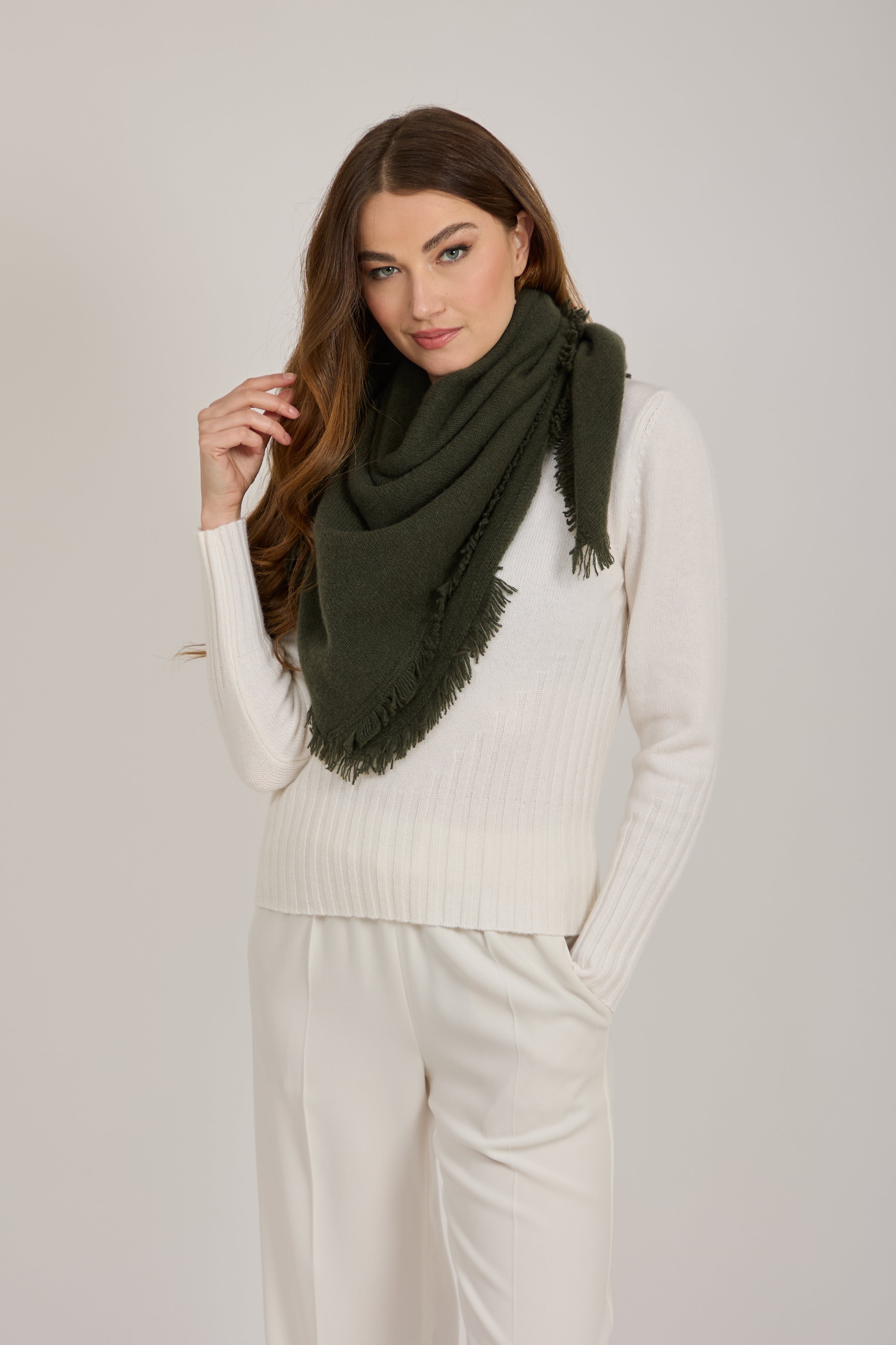CASHMERE FRINGE SCARF- KAKI