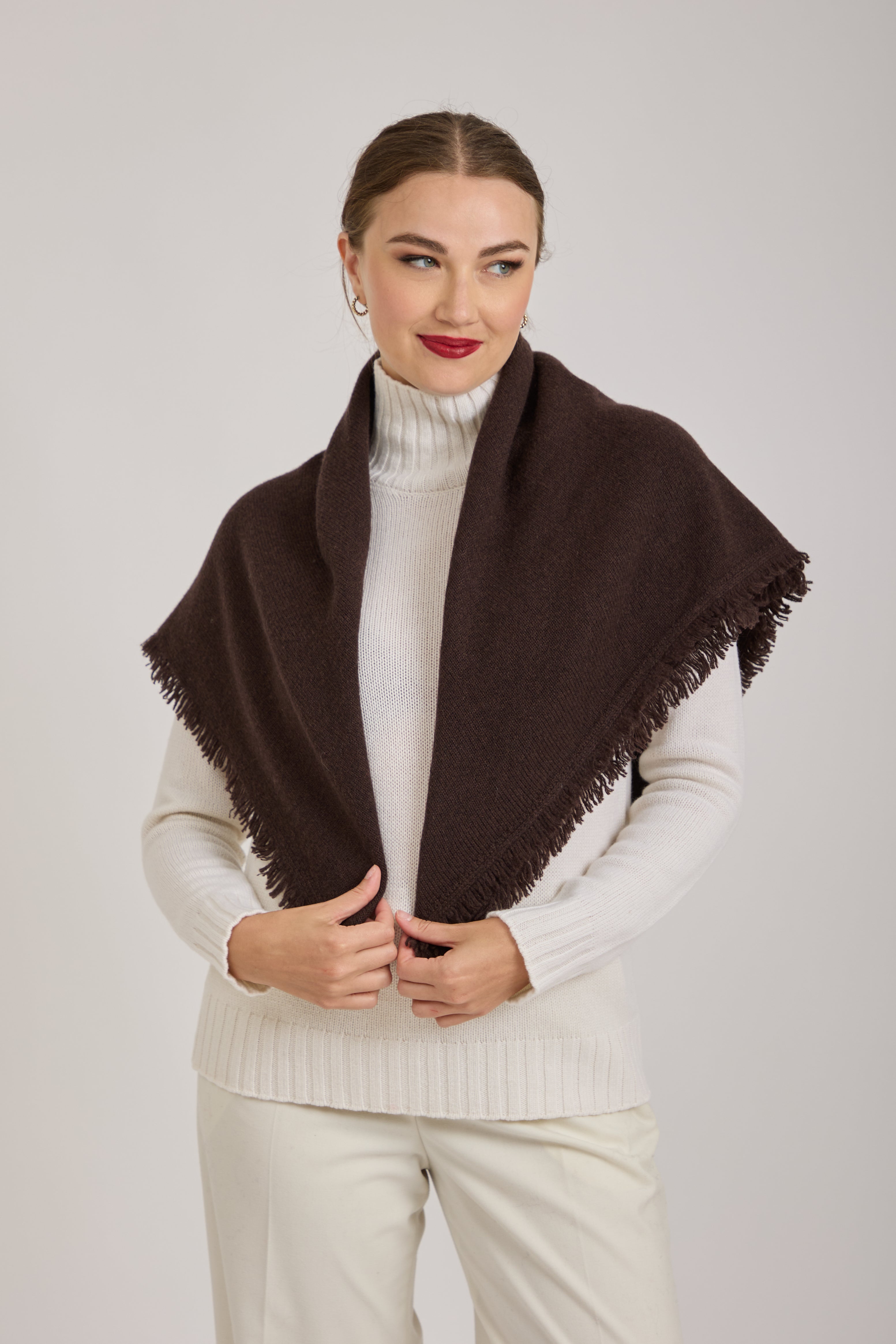 CASHMERE FRINGE SCARF -DARK BROWN