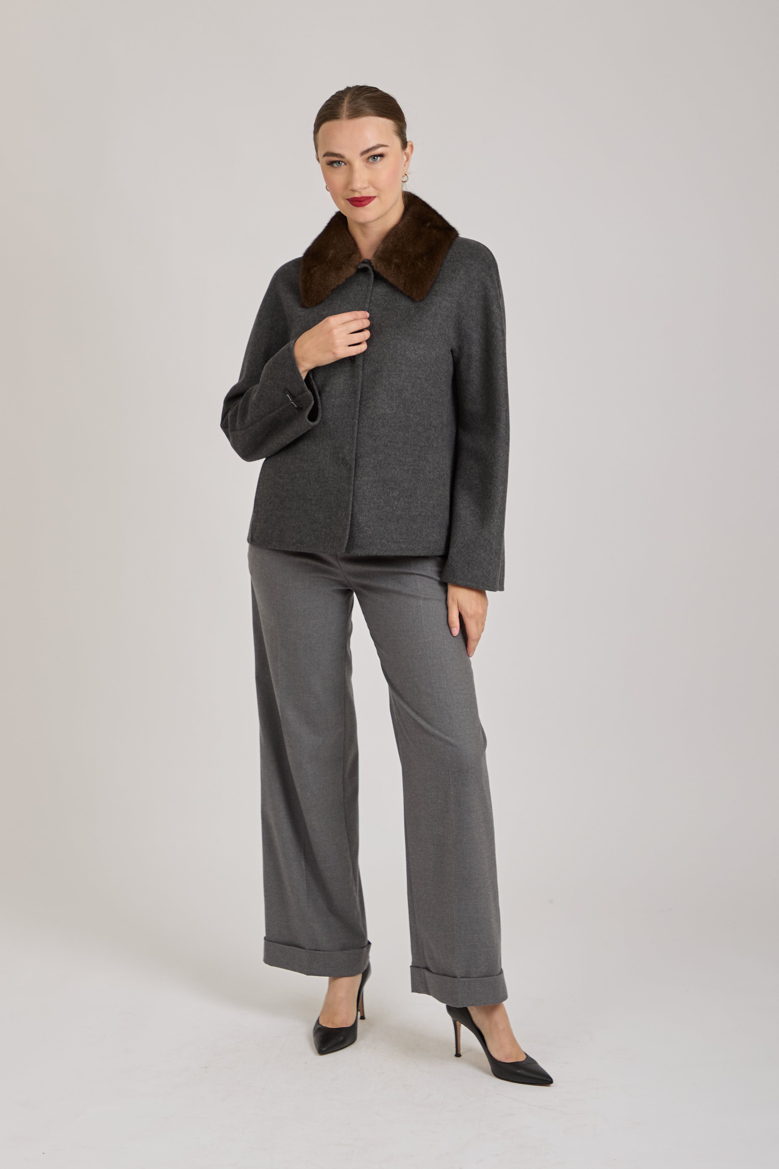 JACKET WITH MINK COLLAR-GREY