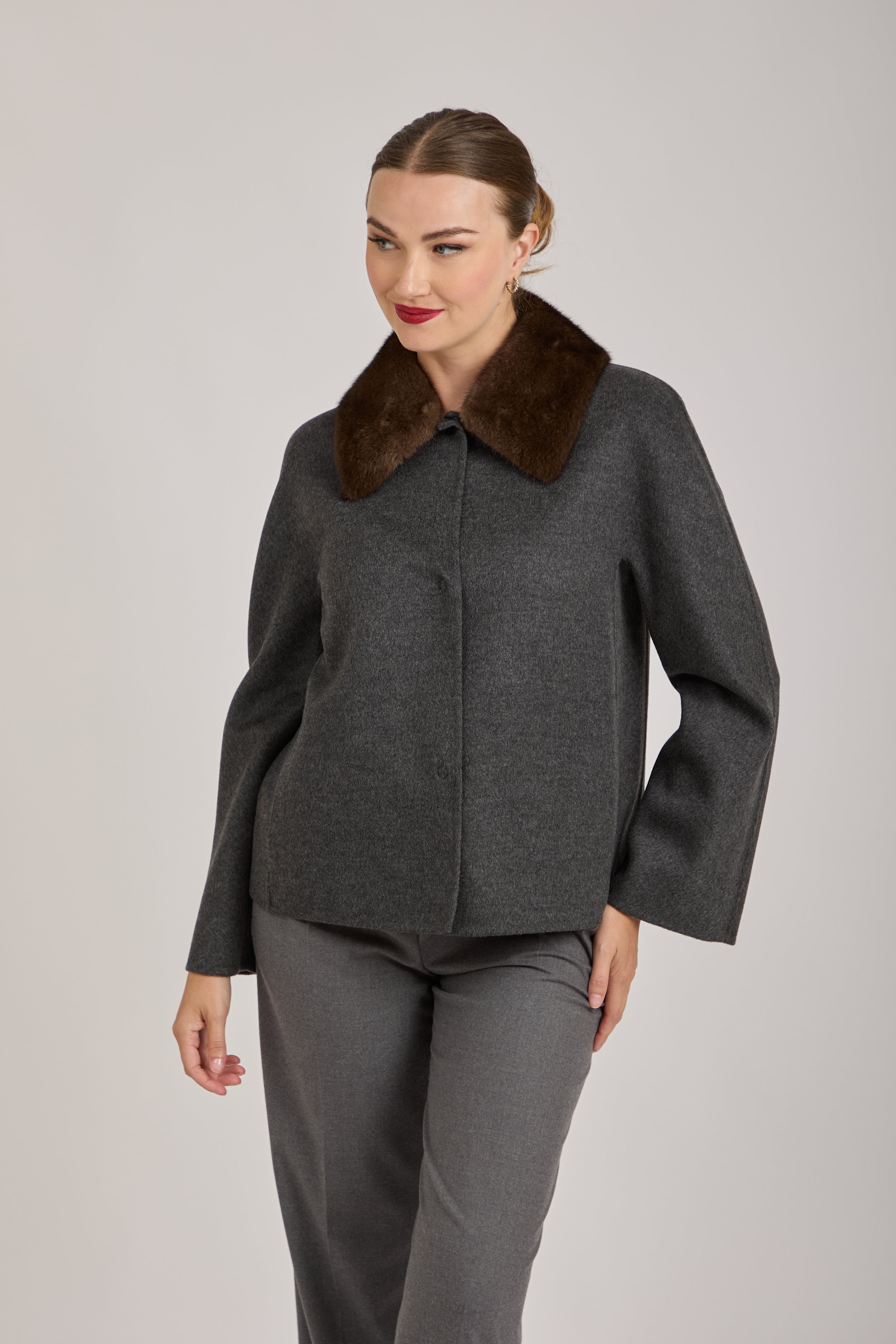 JACKET WITH MINK COLLAR-GREY
