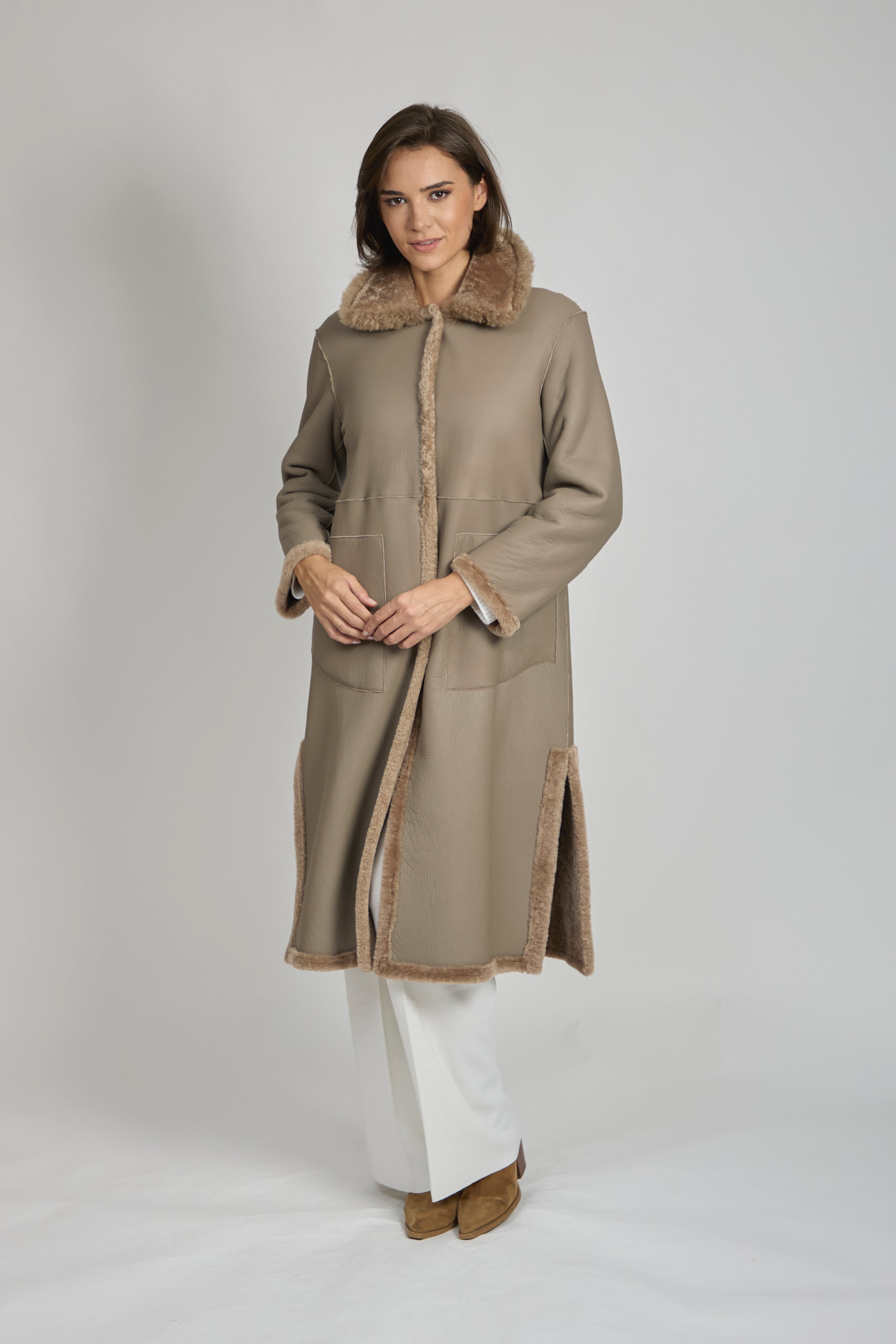 Manteau réversible en peau lainée bouclée - Caramel