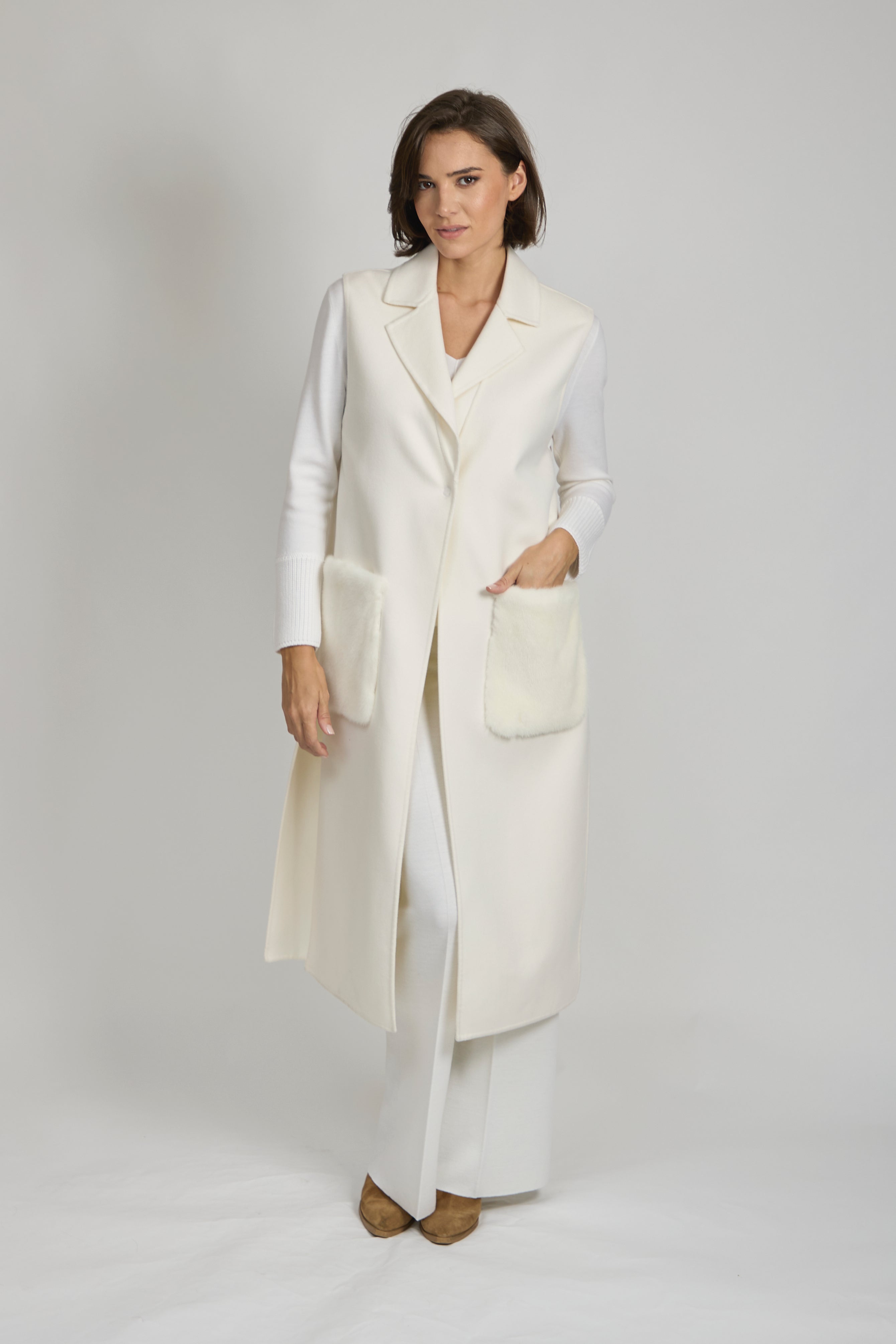 Gilet long en cachemire avec poches en vison