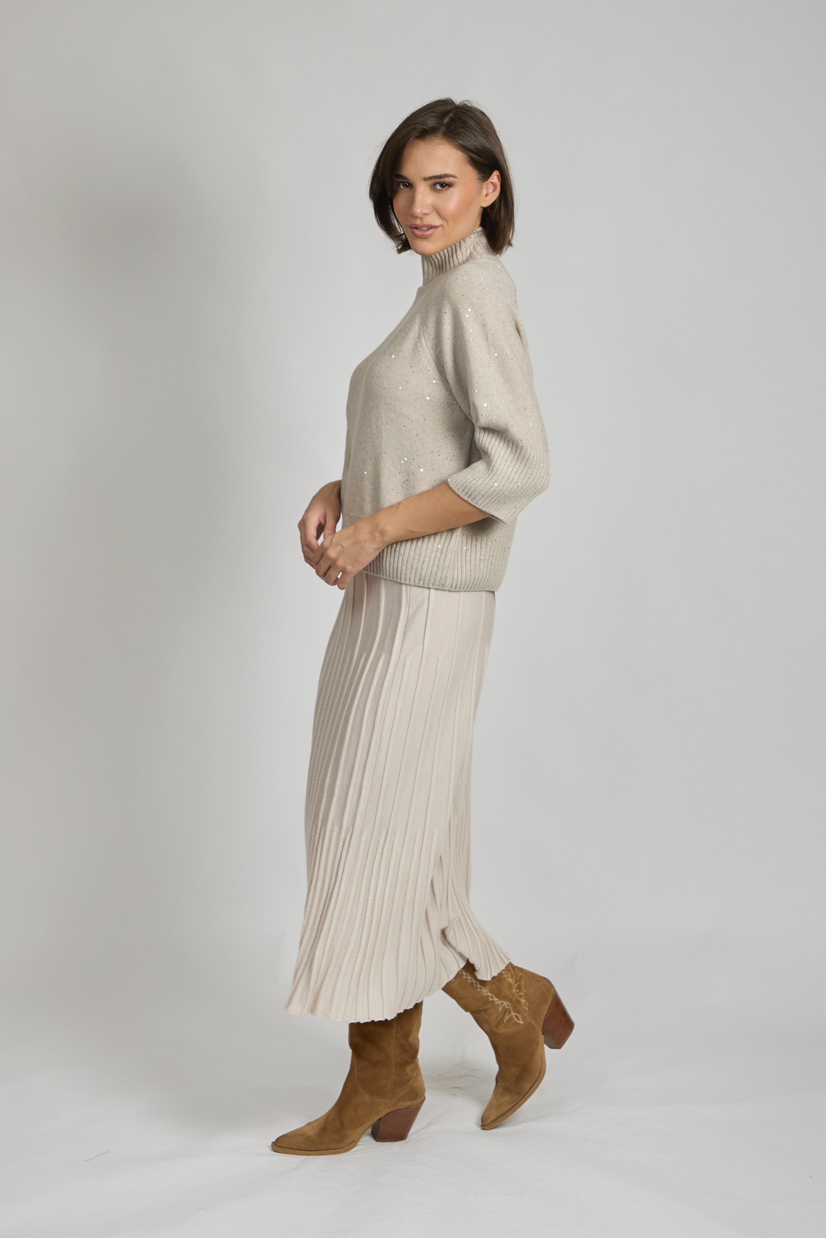 Jupe midi en laine beige
