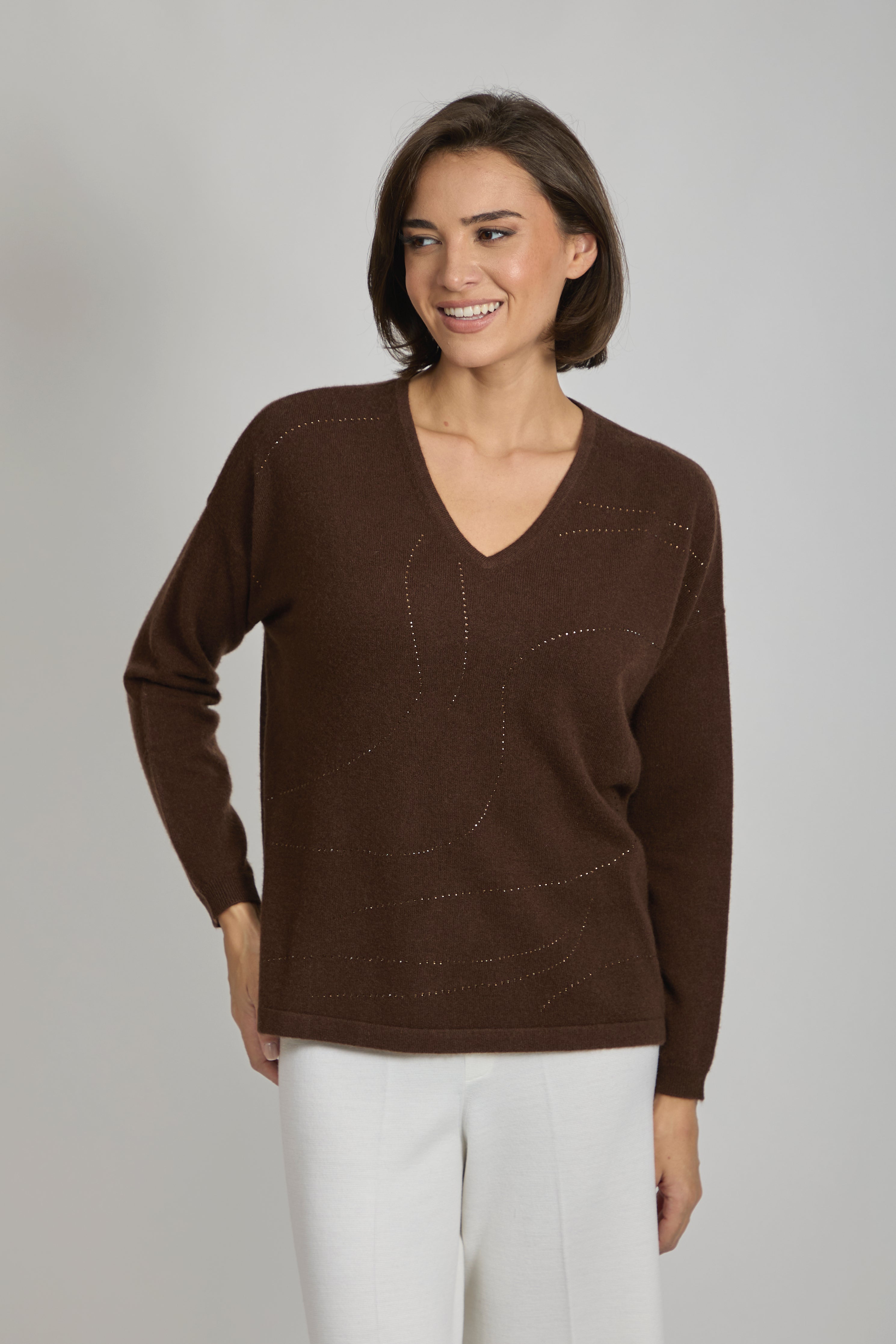 Pull en cachemire à col en V et détails pailletés Espresso