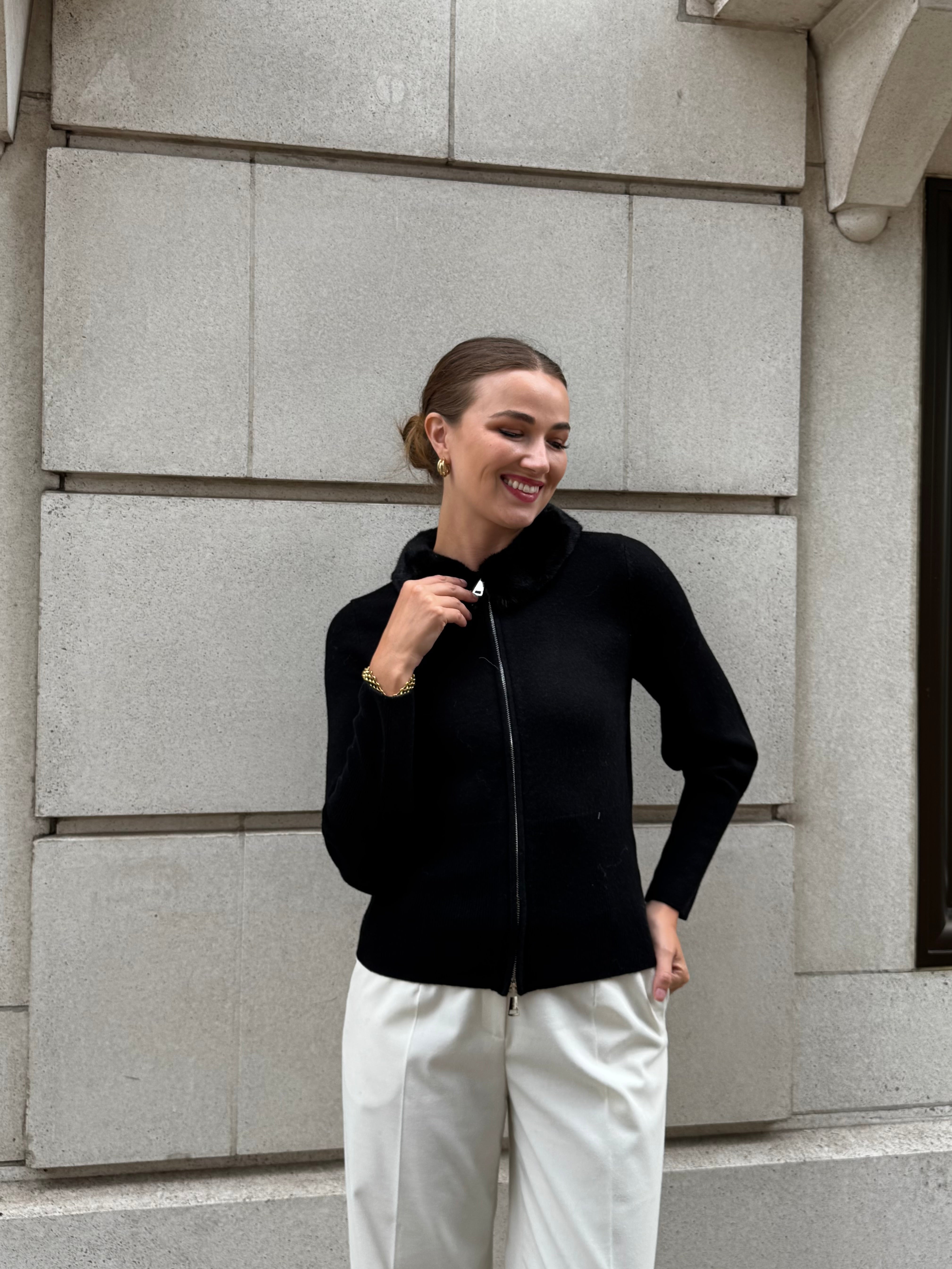 CASHMERE CARDIGAN WITH MINK FUR COLLAR-BLACK