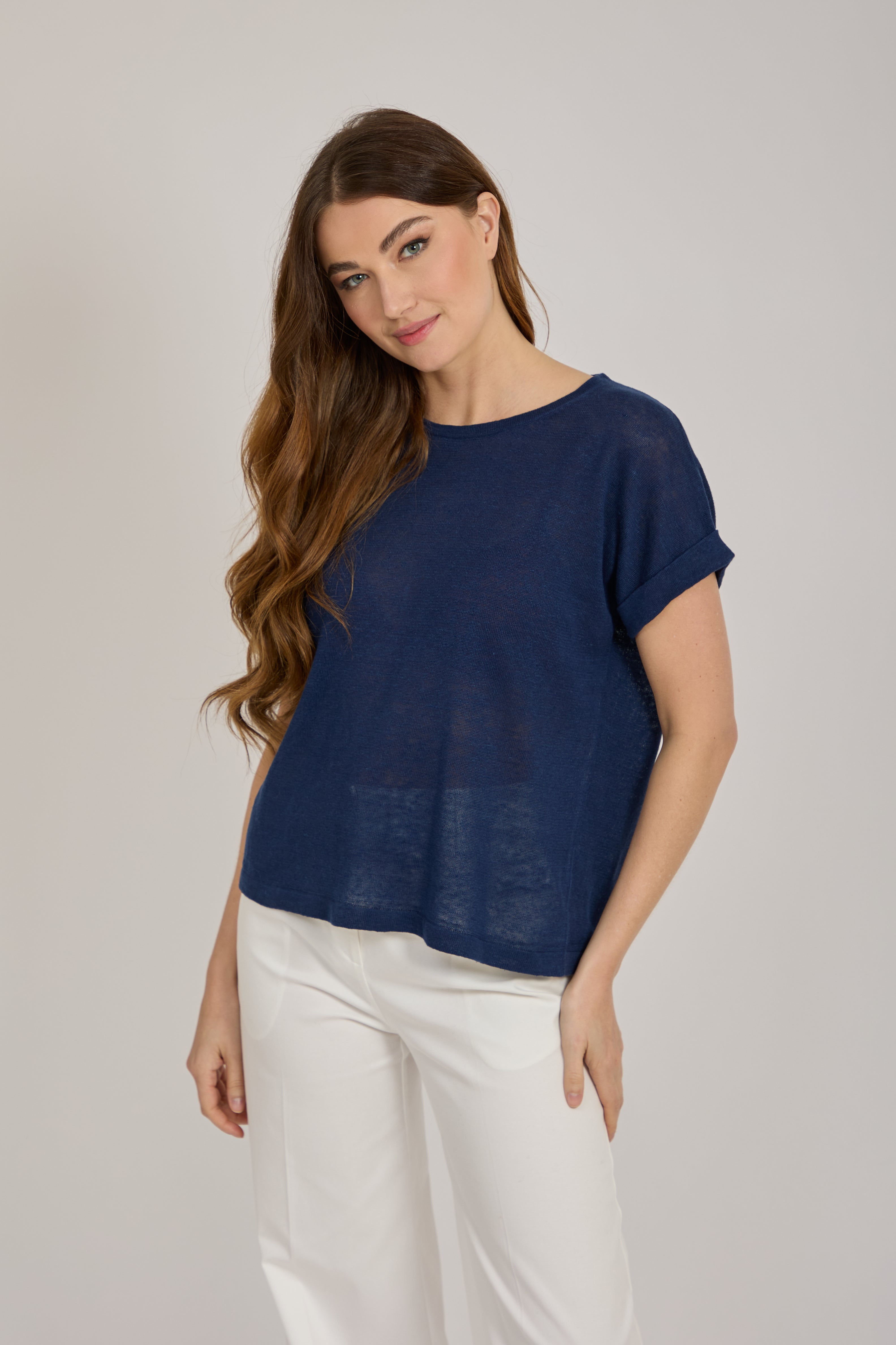 ROUND NECK LINEN TOP-NAVY