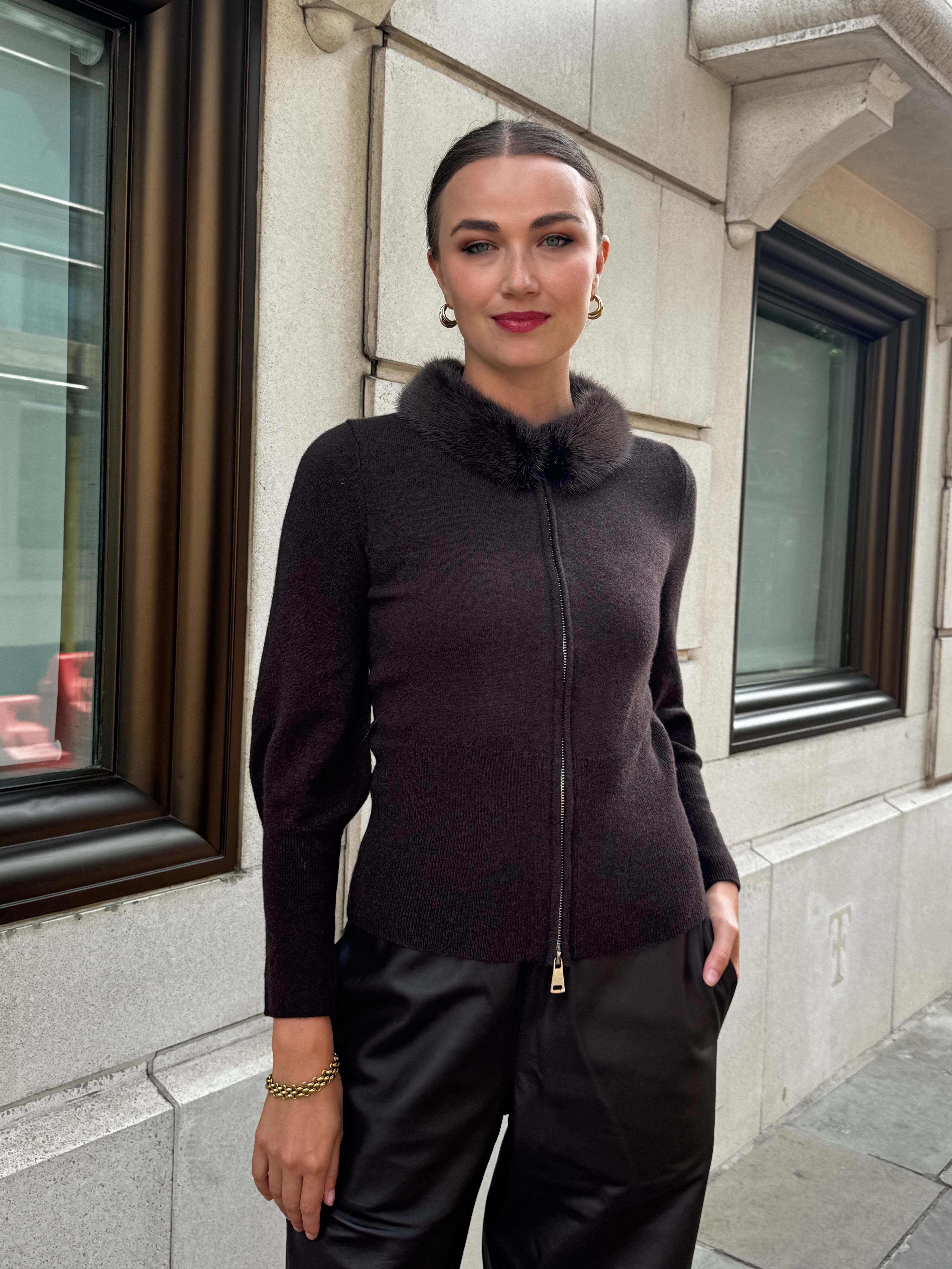CASHMERE CARDIGAN WITH MINK COLLAR-DARK BROWN
