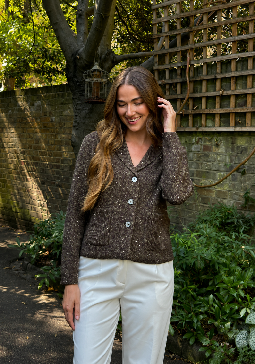 CARDIGAN WITH SEQUIN- BROWN