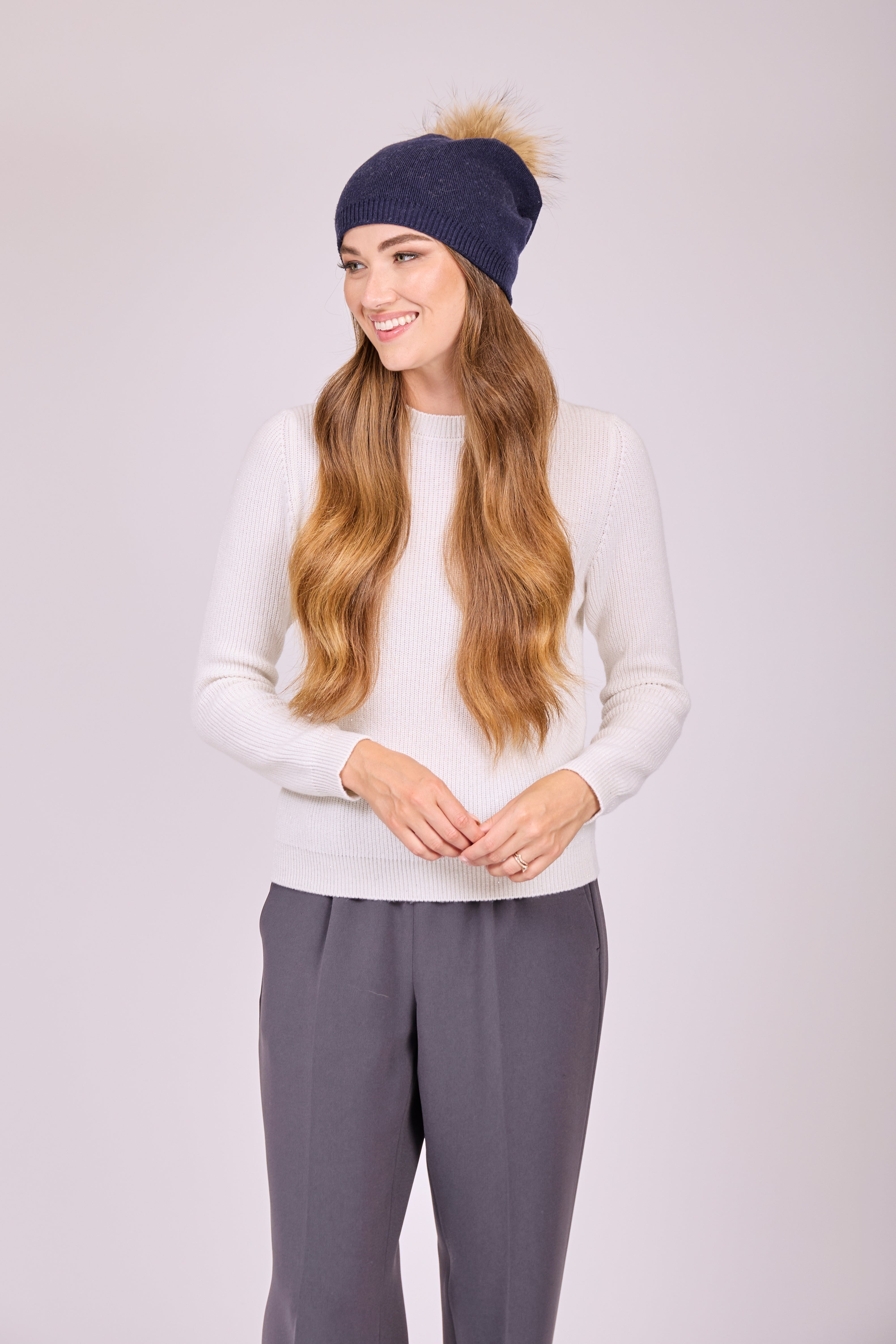 Divine Cashmere cashmere pom-pom beanie with ribbed cuff and knit texture