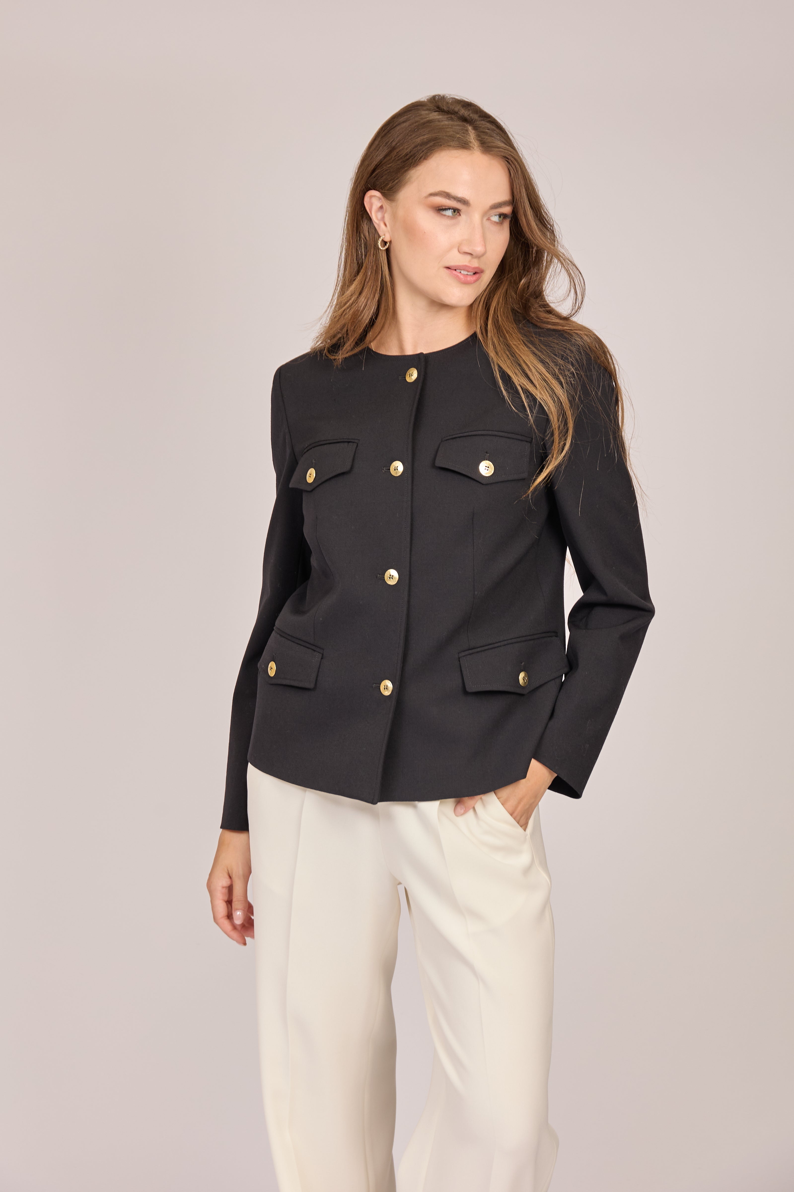 Black gabardine belted jacket with tailored cut, notched lapels and waist tie