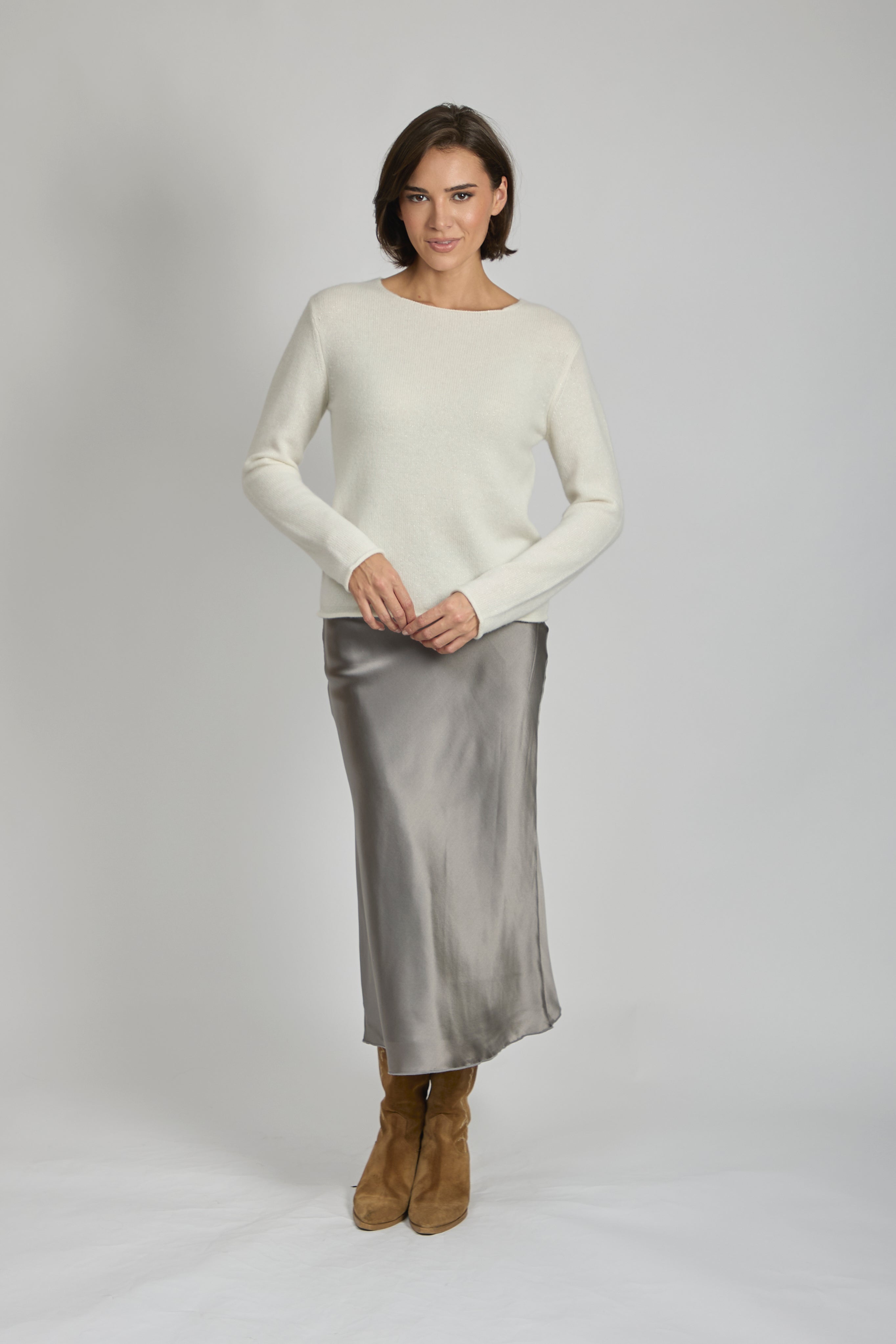 Divine Cashmere Fango bias-cut silk skirt with fluid drape