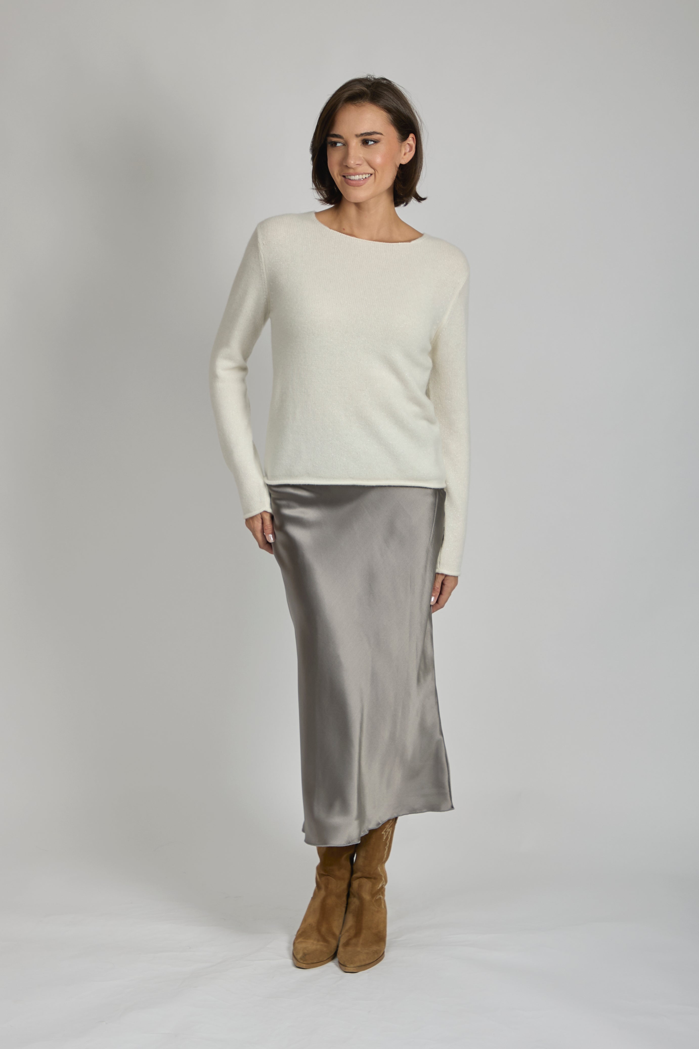 Divine Cashmere bias-cut silk skirt with draped asymmetrical hem and subtle sheen