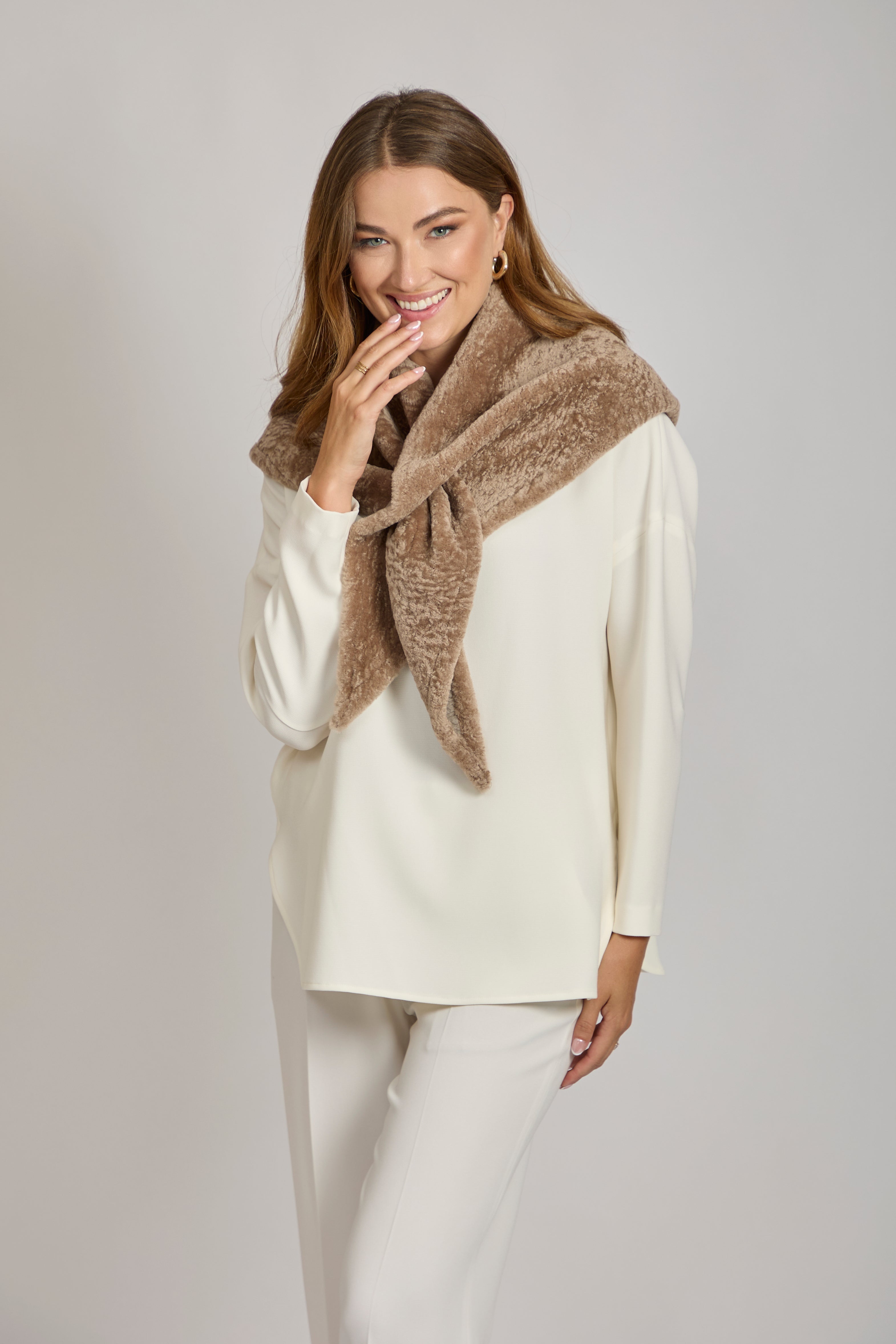 Divine Cashmere Cara shearling shawl, draped wrap with plush texture