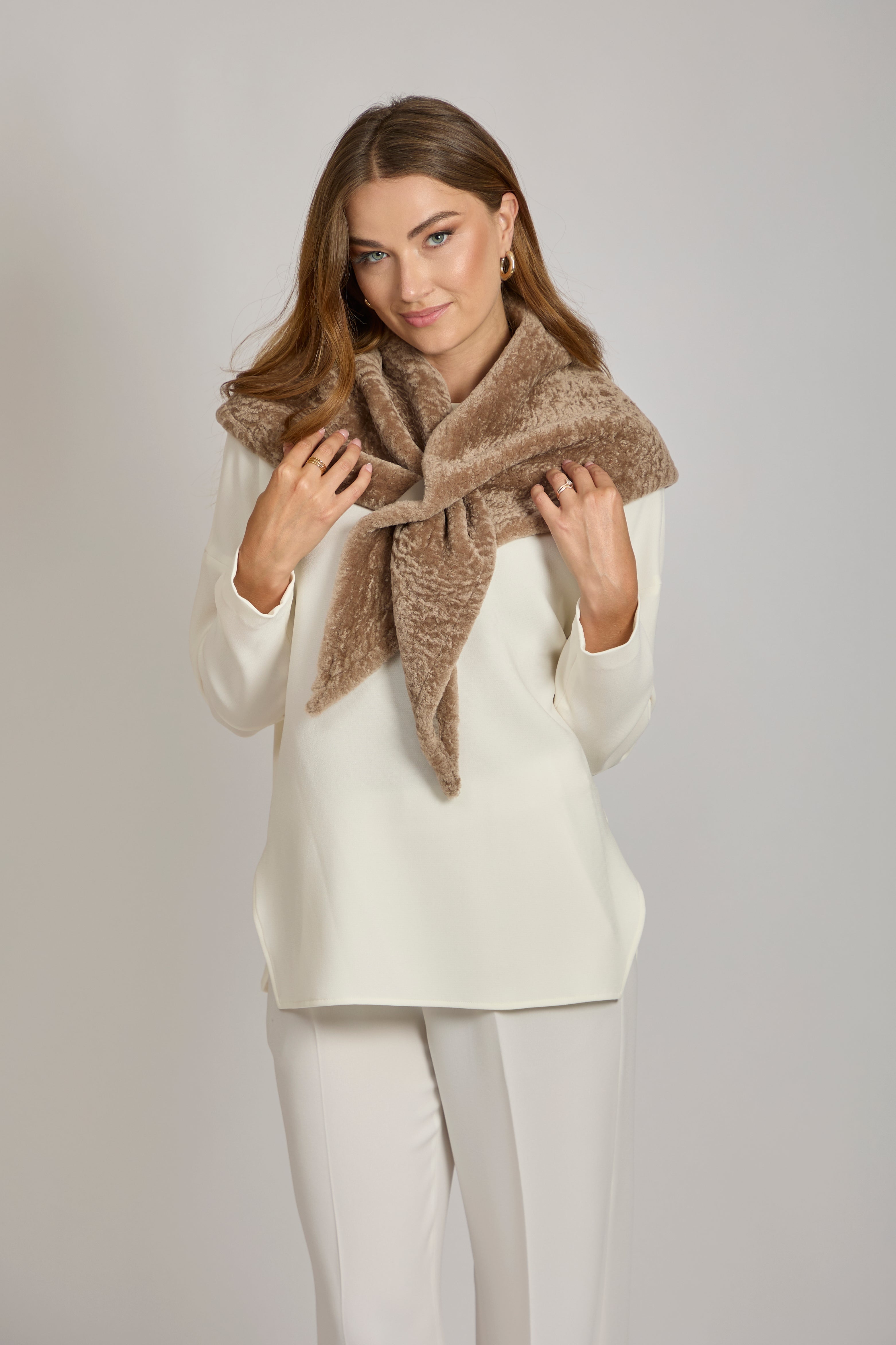 Divine Cashmere Cara shearling shawl with draped silhouette and wide folded collar, visible plush shearling texture