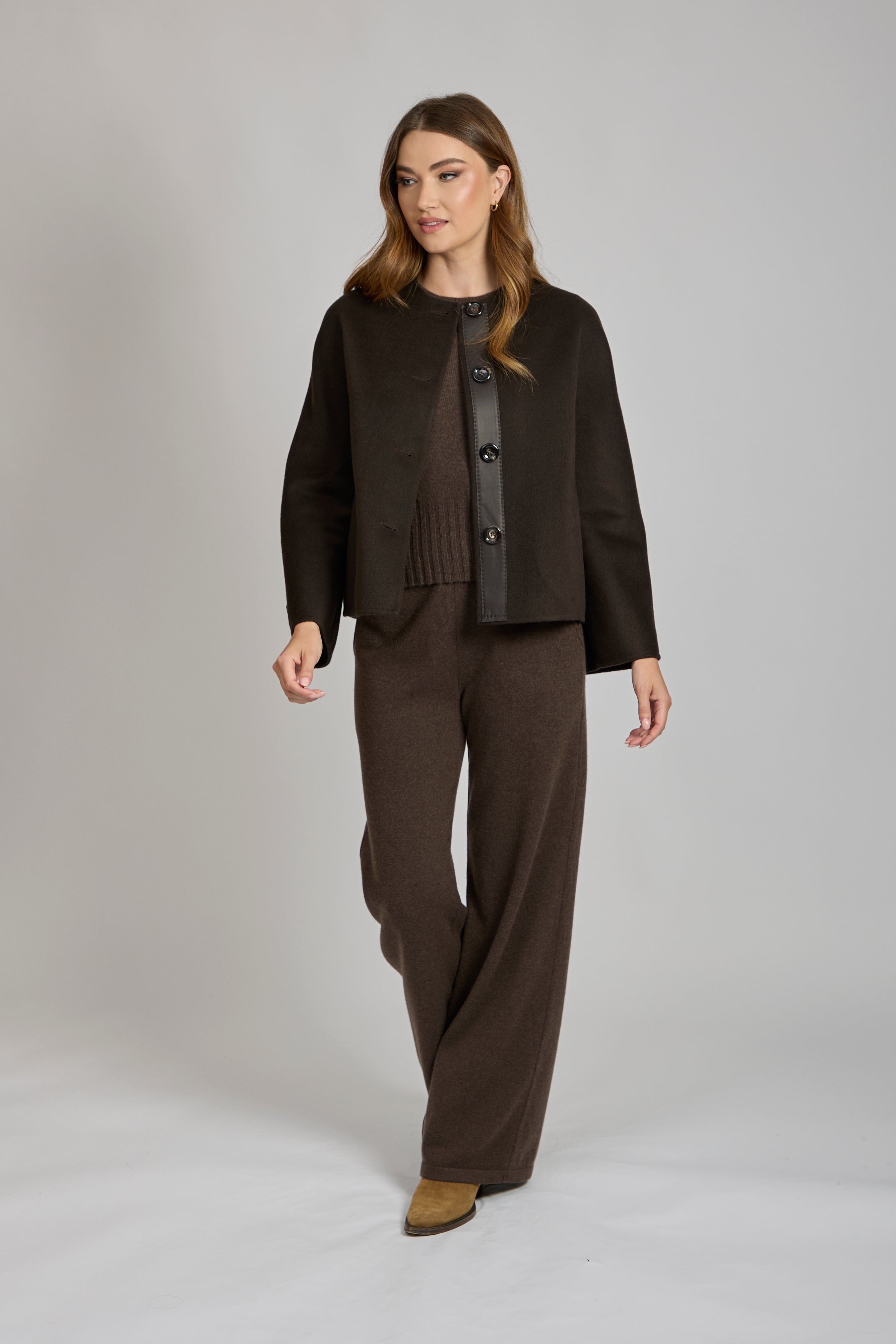 Divine Cashmere Caruba short cashmere jacket with leather trim and cropped silhouette