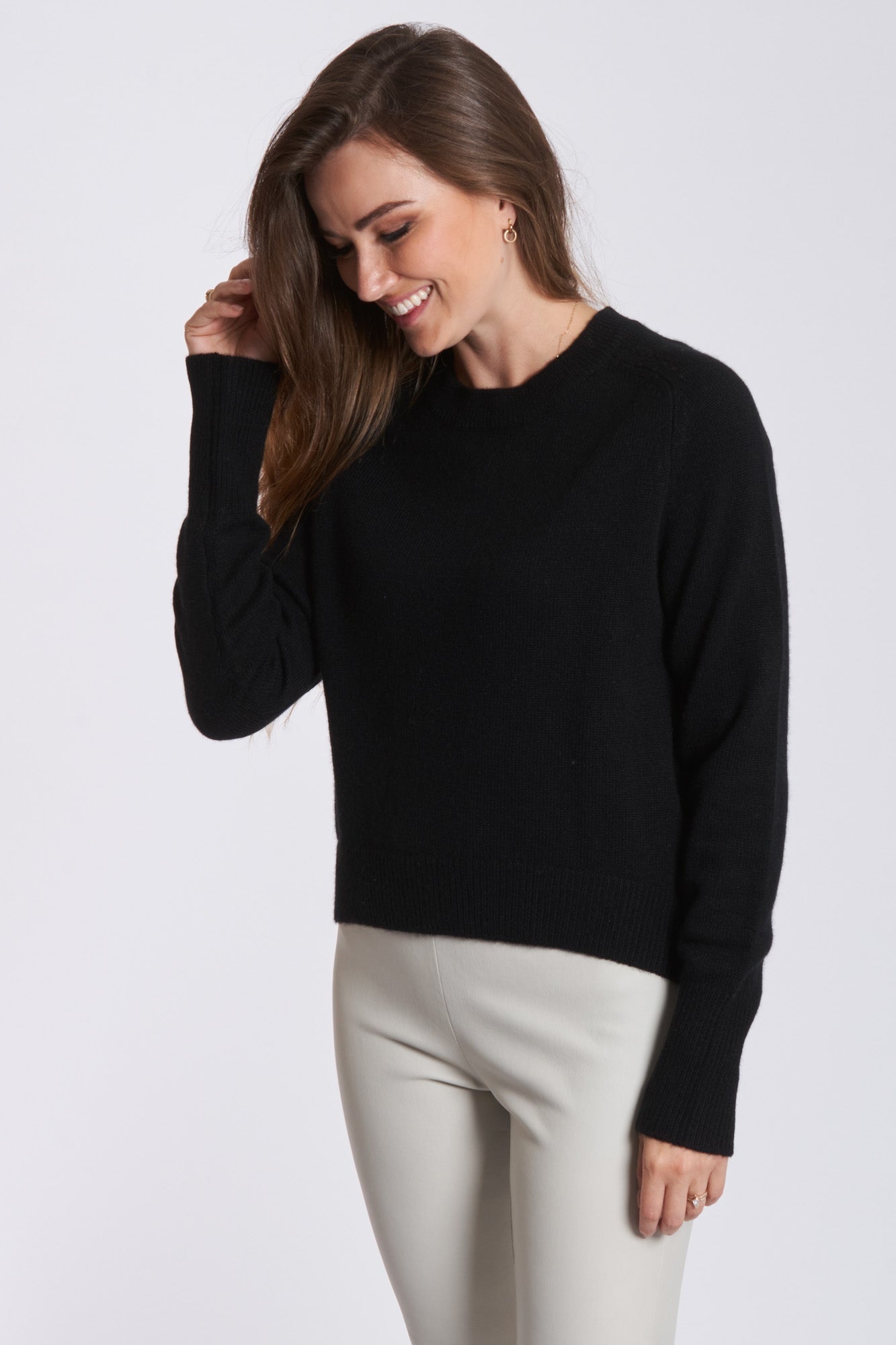 Black cashmere crew neck jumper with ribbed neckline, cuffs, and hem, relaxed fit