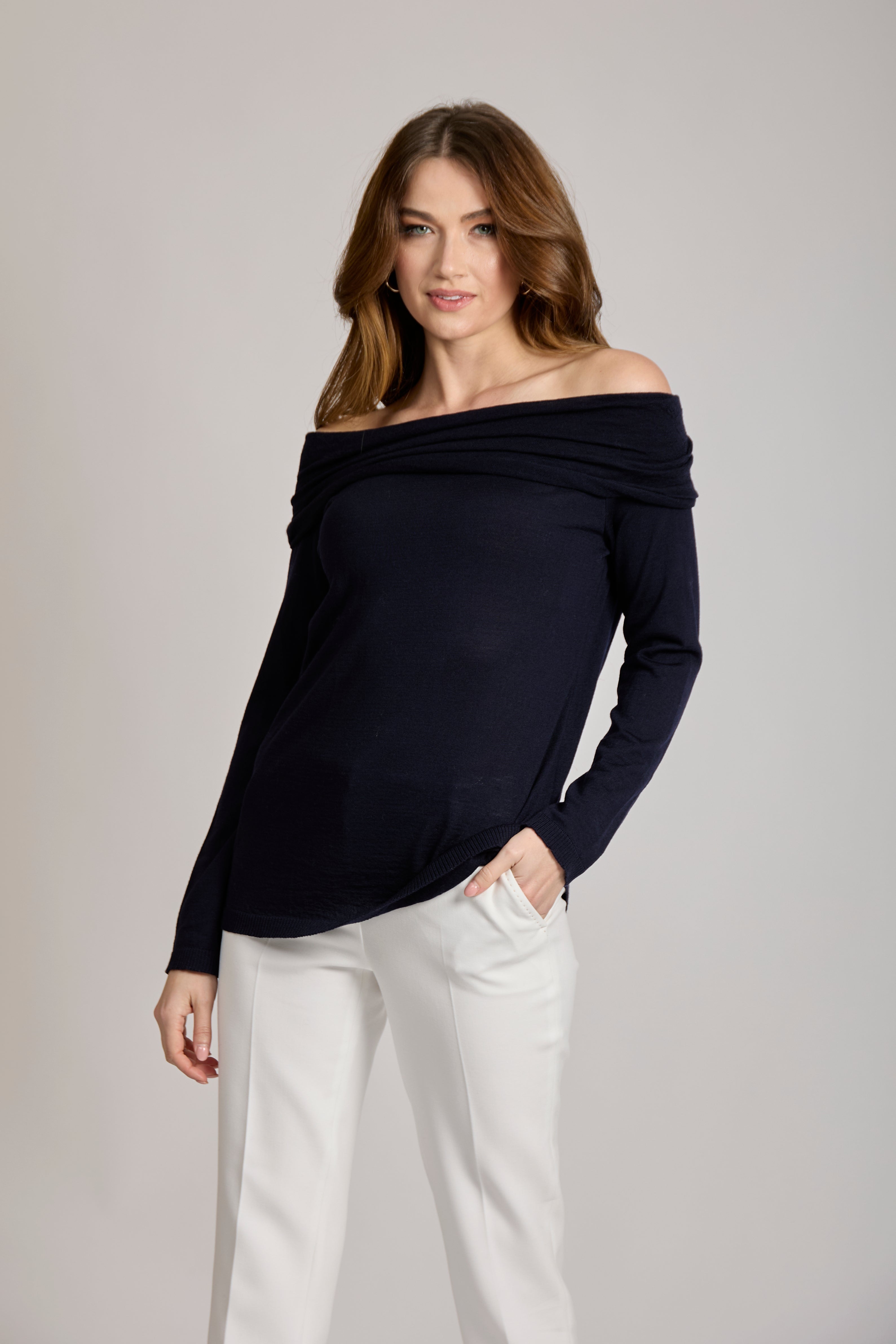 Divine Cashmere navy cashmere crewneck sweater, classic relaxed fit with ribbed cuffs and hem