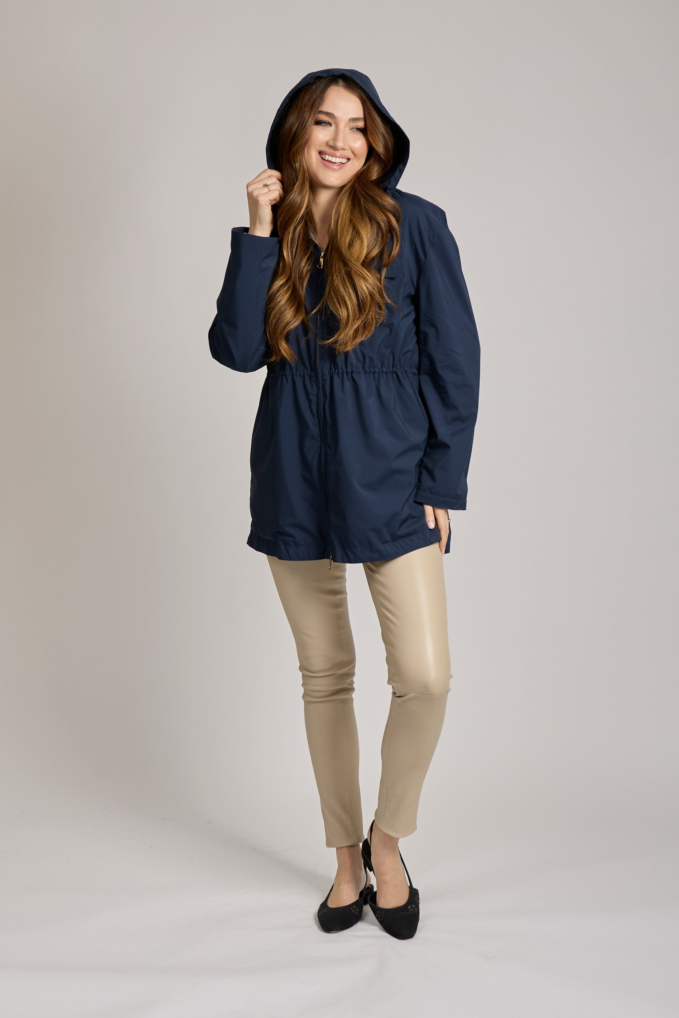 Blue cashmere-lined parka, mid-length with hood, zip front and side pockets