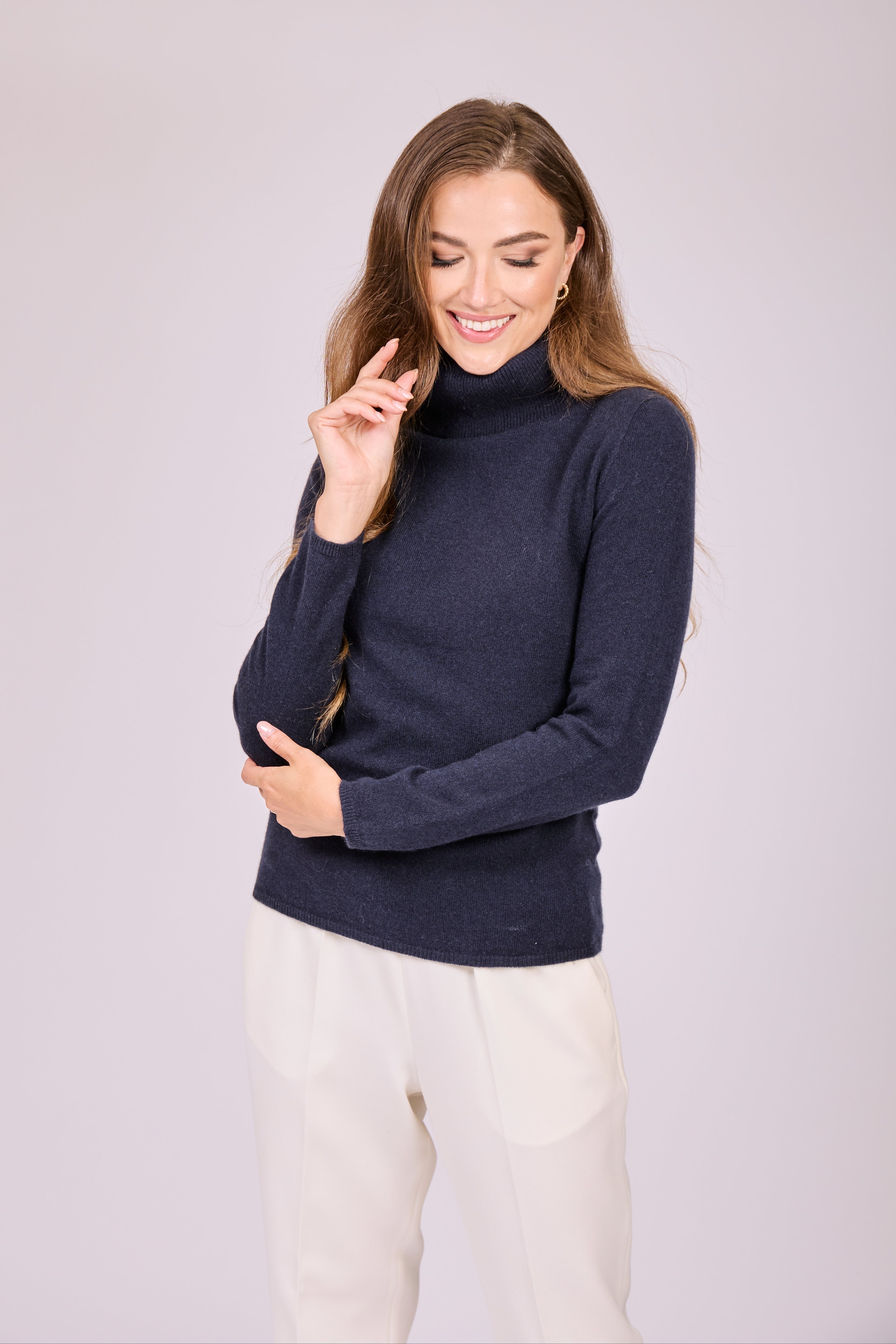 Navy cashmere oversize collar jumper with relaxed silhouette
