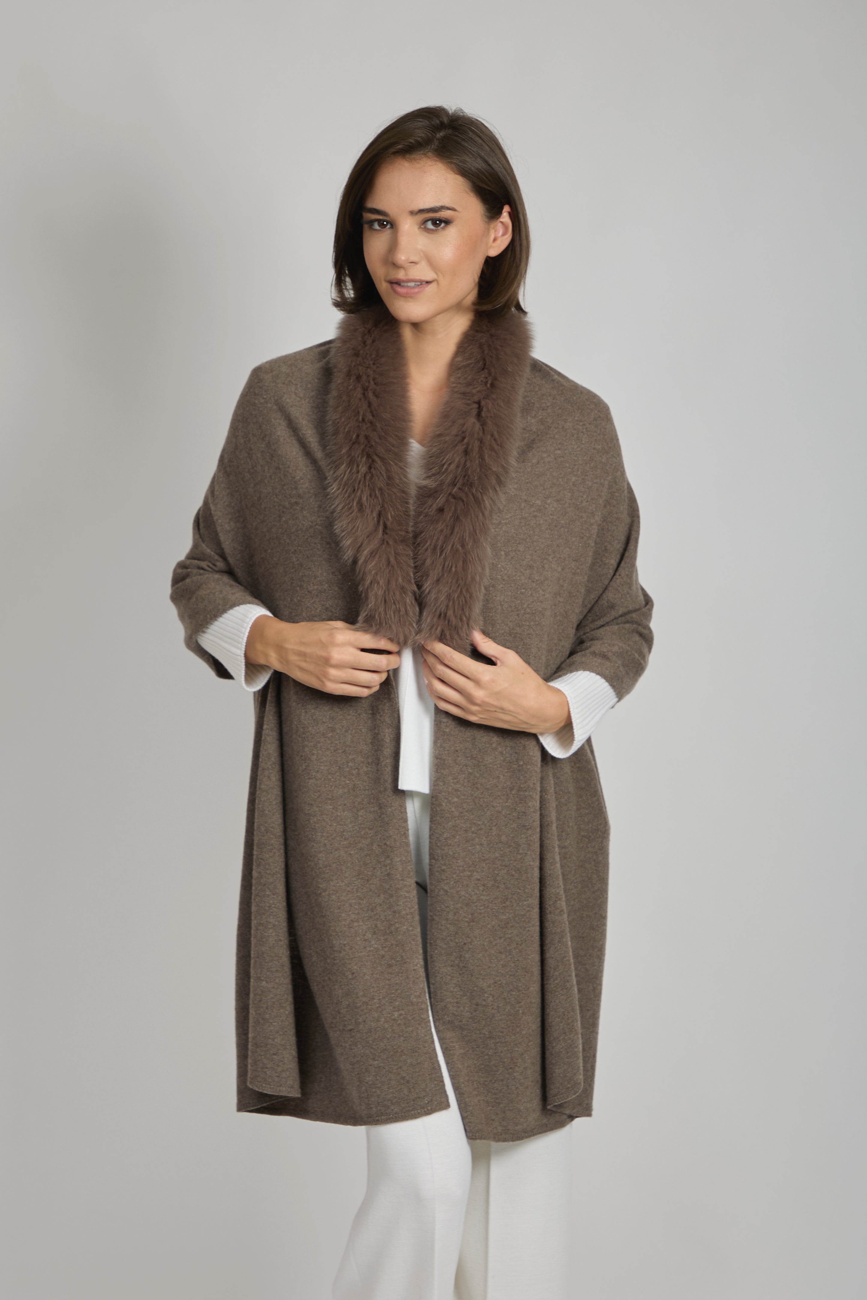 Cashmere scarf with fur trim, long rectangular drape and plush fur edging