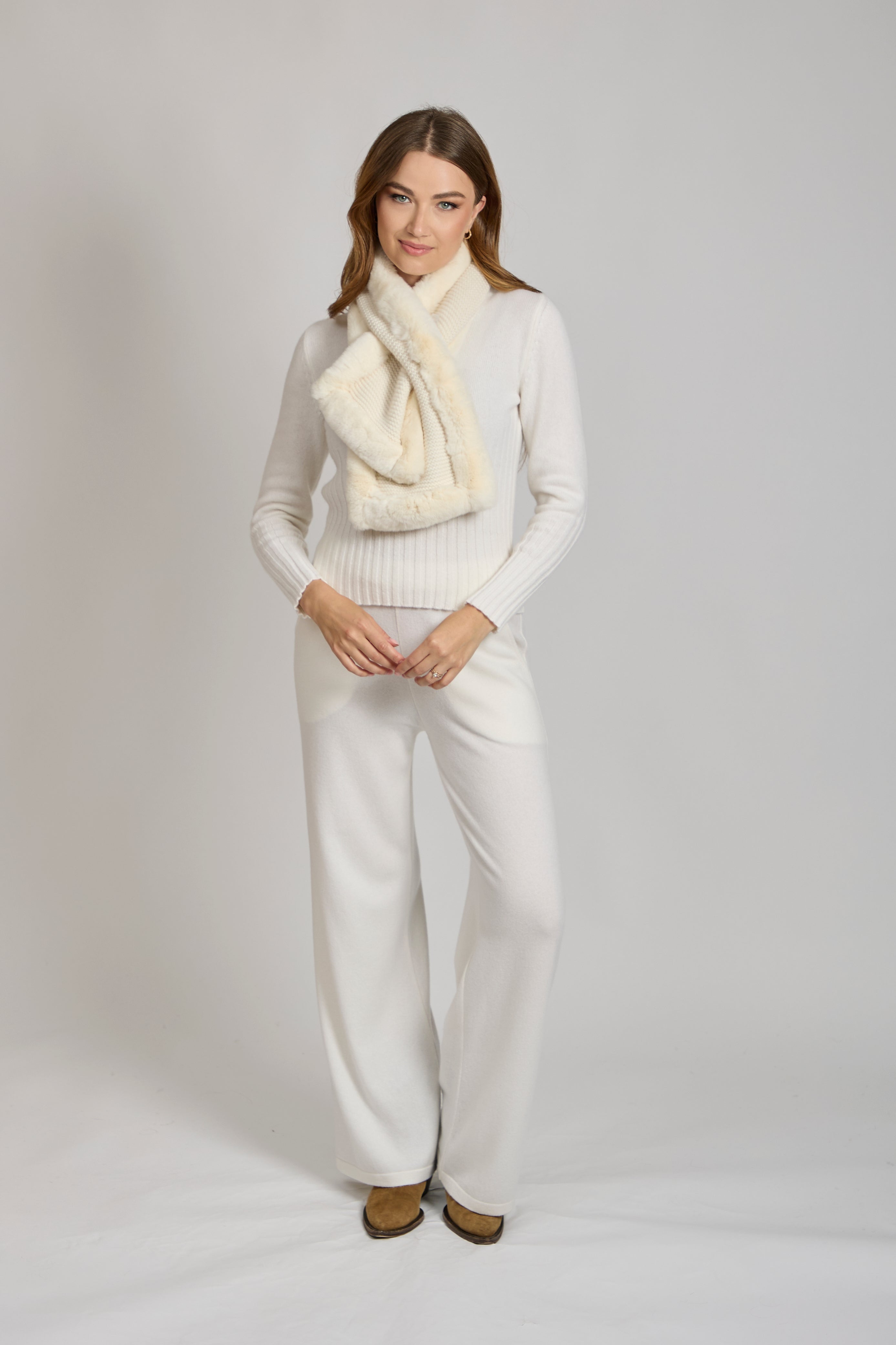 Divine Cashmere scarf in cashmere with rex fur trim, soft knit drape.