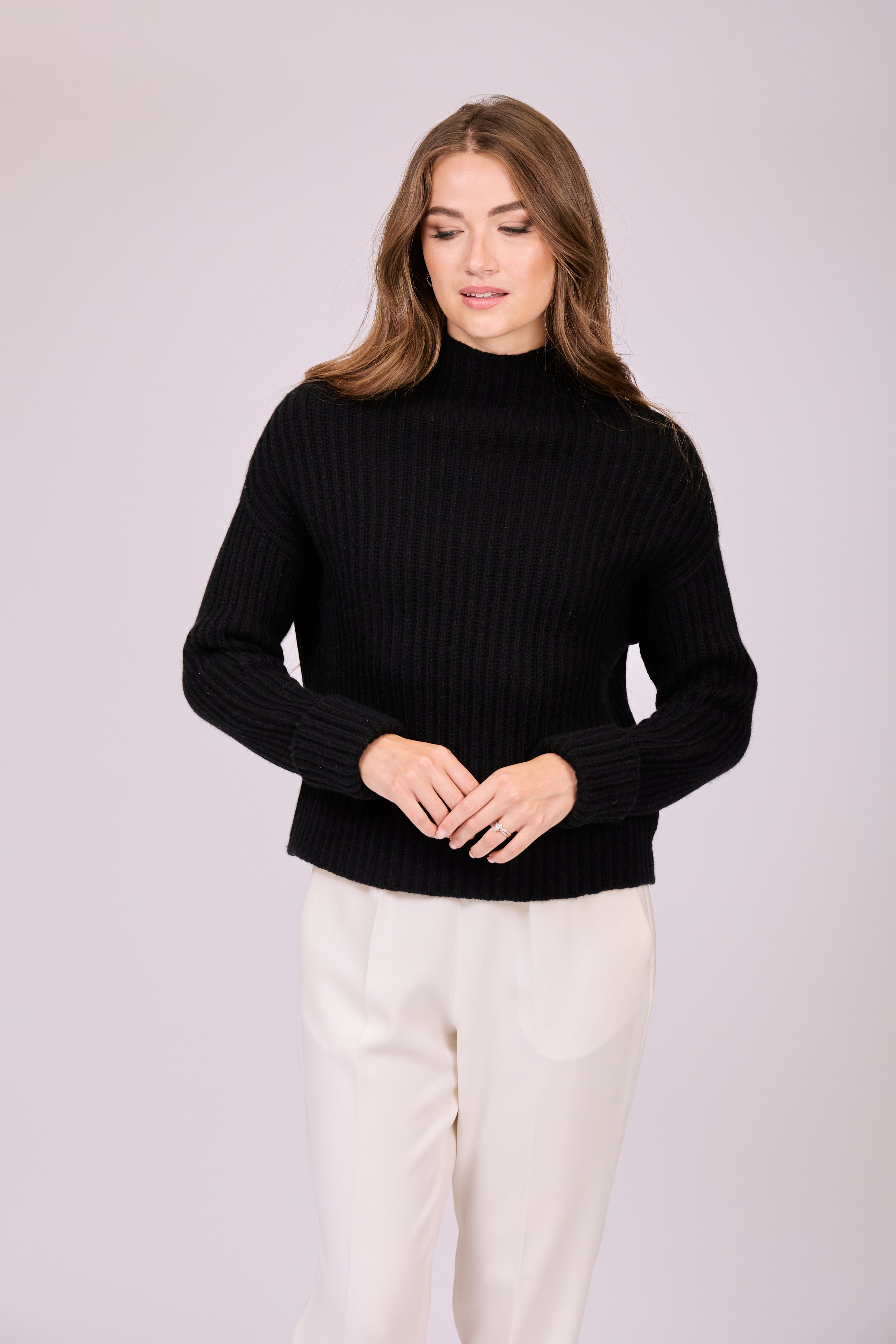 Black ribbed high-neck cashmere sweater