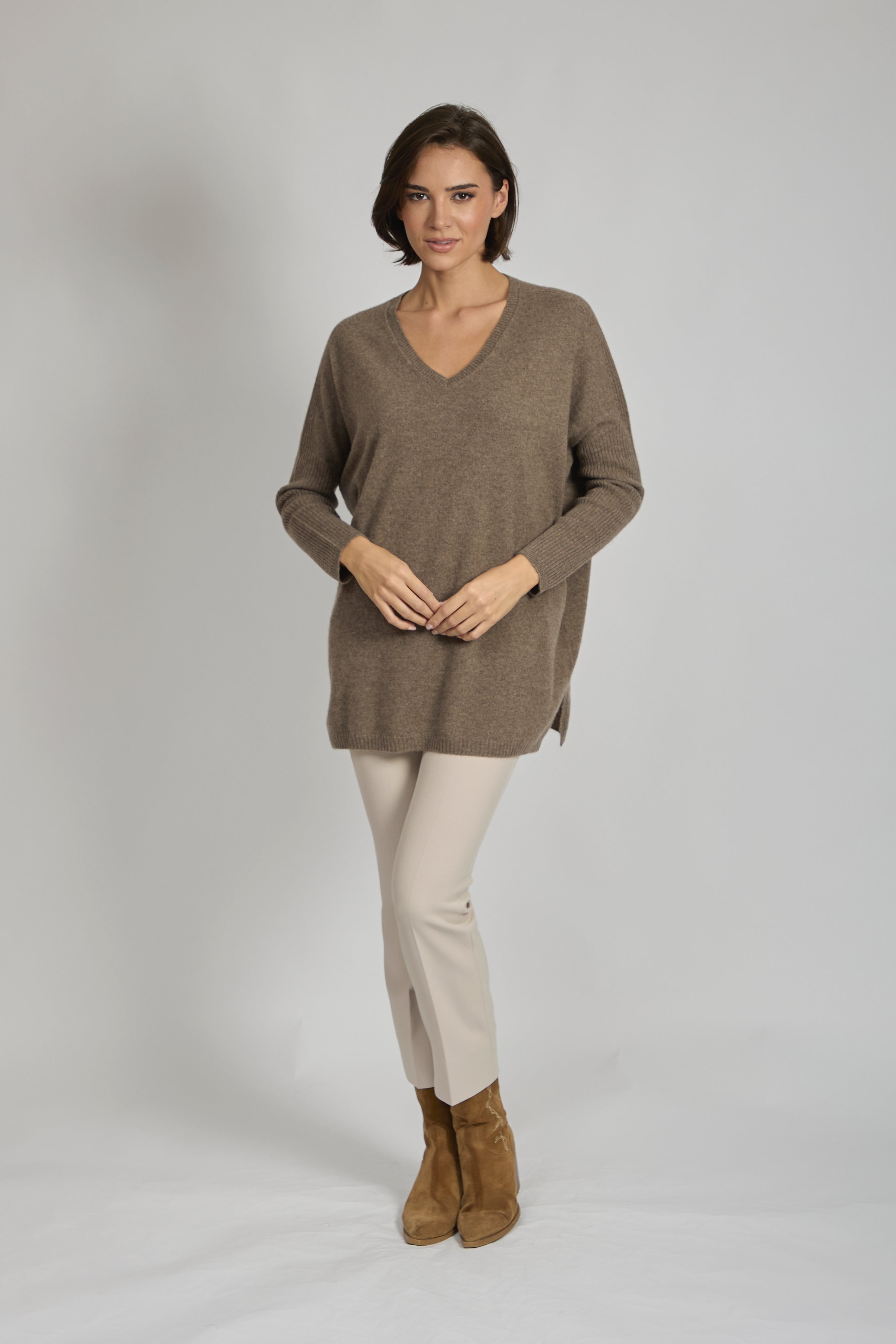 Divine Cashmere cashmere tunic sweater in toast with longline silhouette