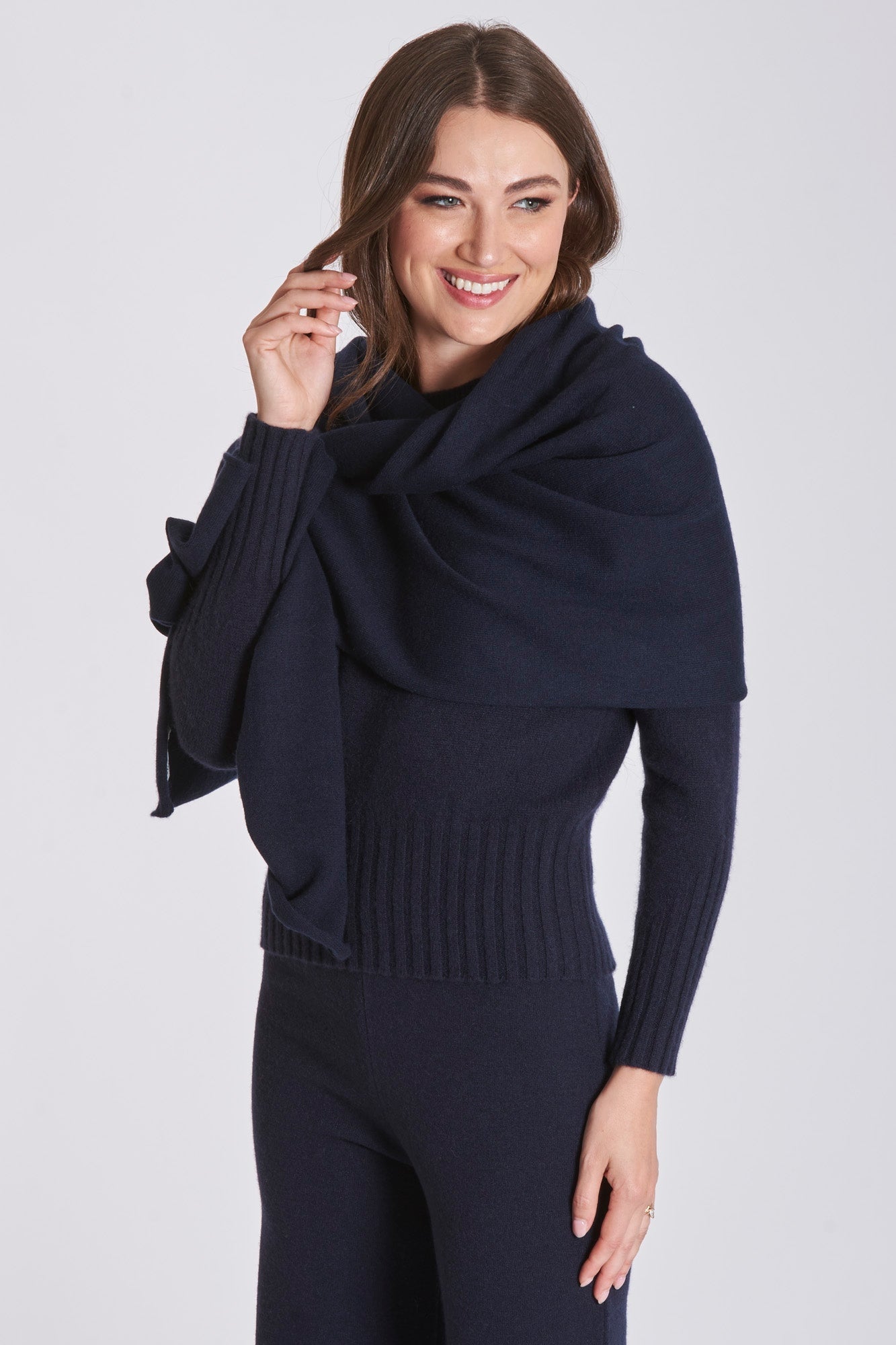 Navy cashmere wrap scarf in a draped rectangular style, Divine Cashmere