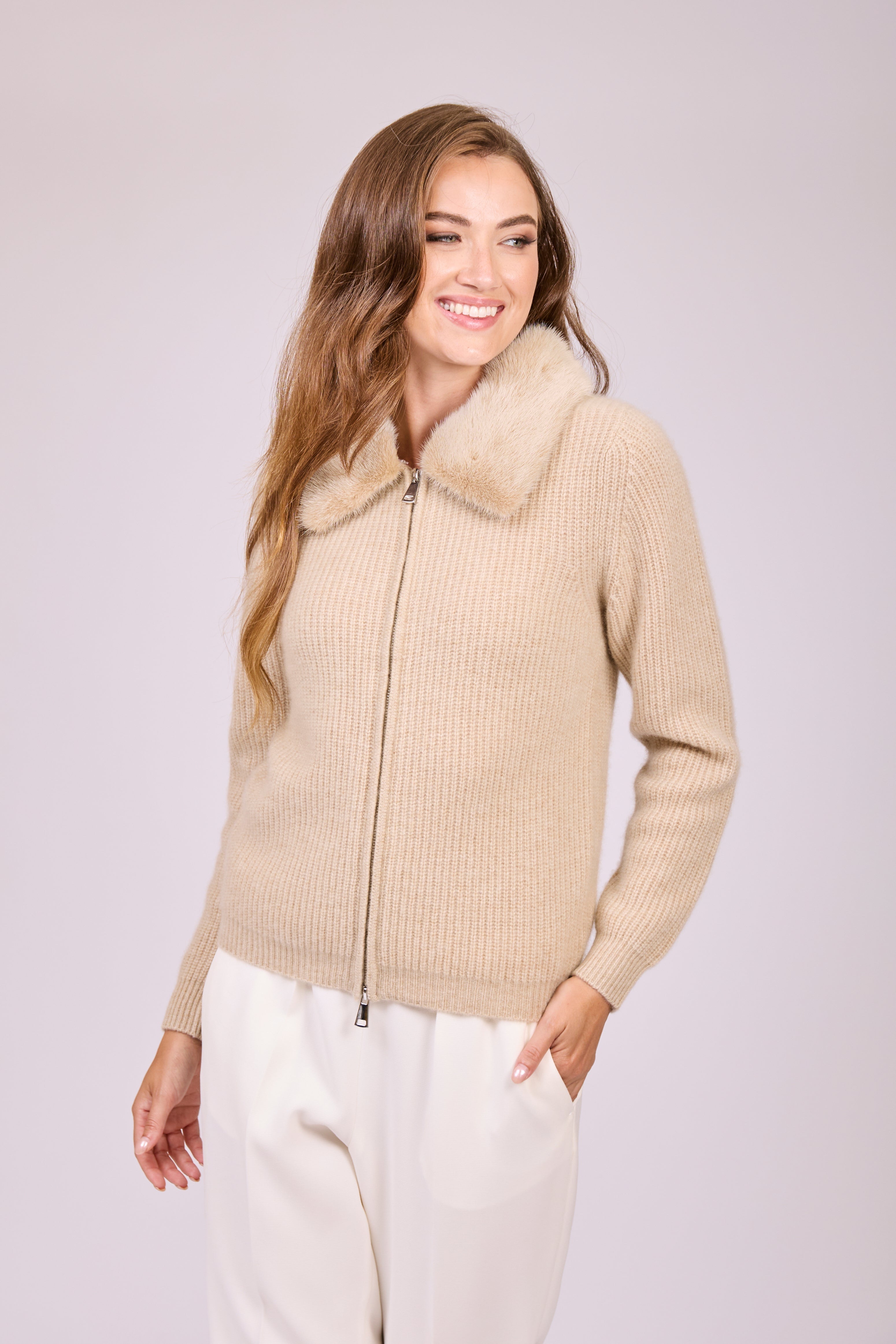 Dune cashmere zip cardigan with mink collar, long sleeves, relaxed fit, front zipper