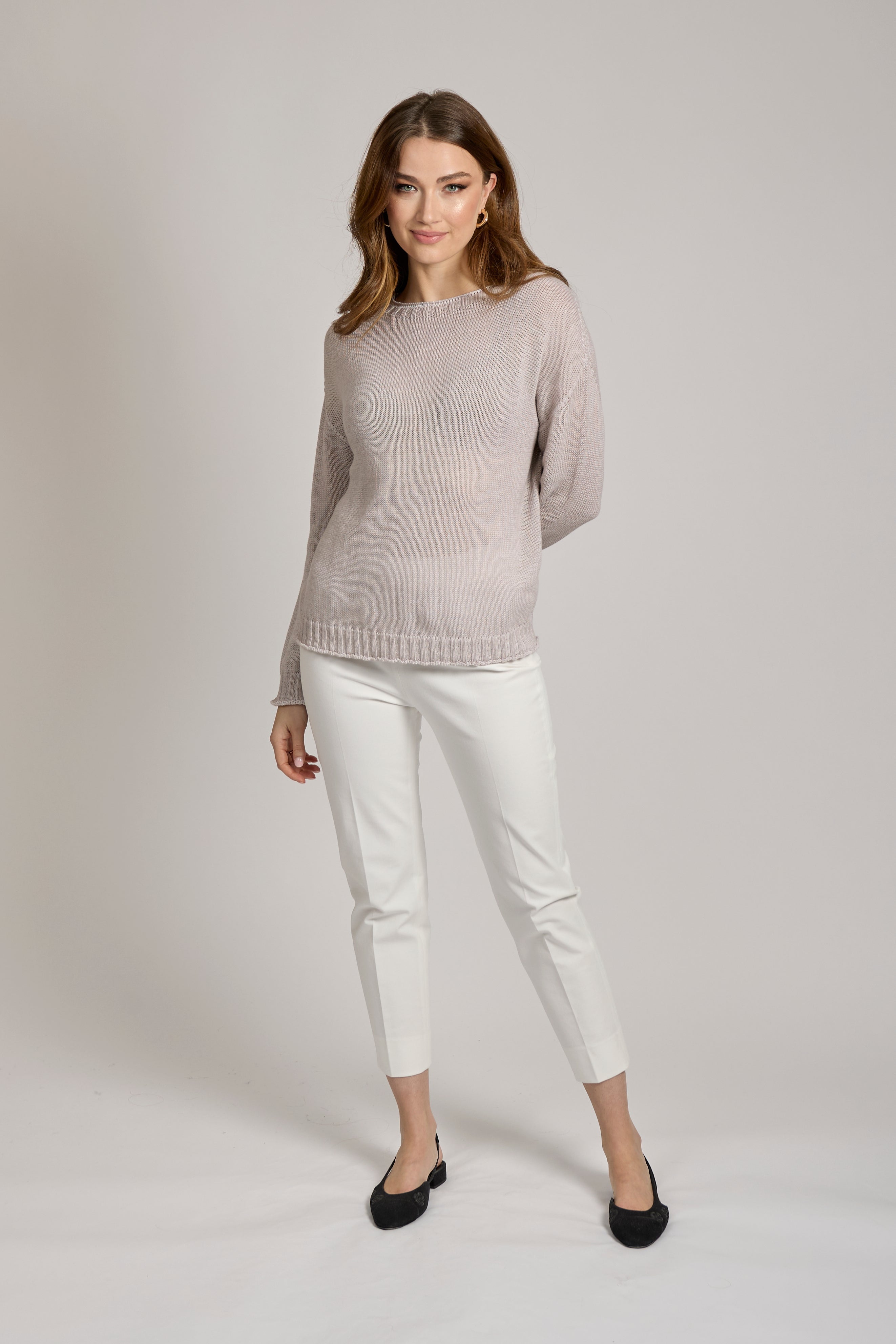 Divine Cashmere cotton knit sweater with crew neckline, ribbed cuffs and hem and subtle textured knit