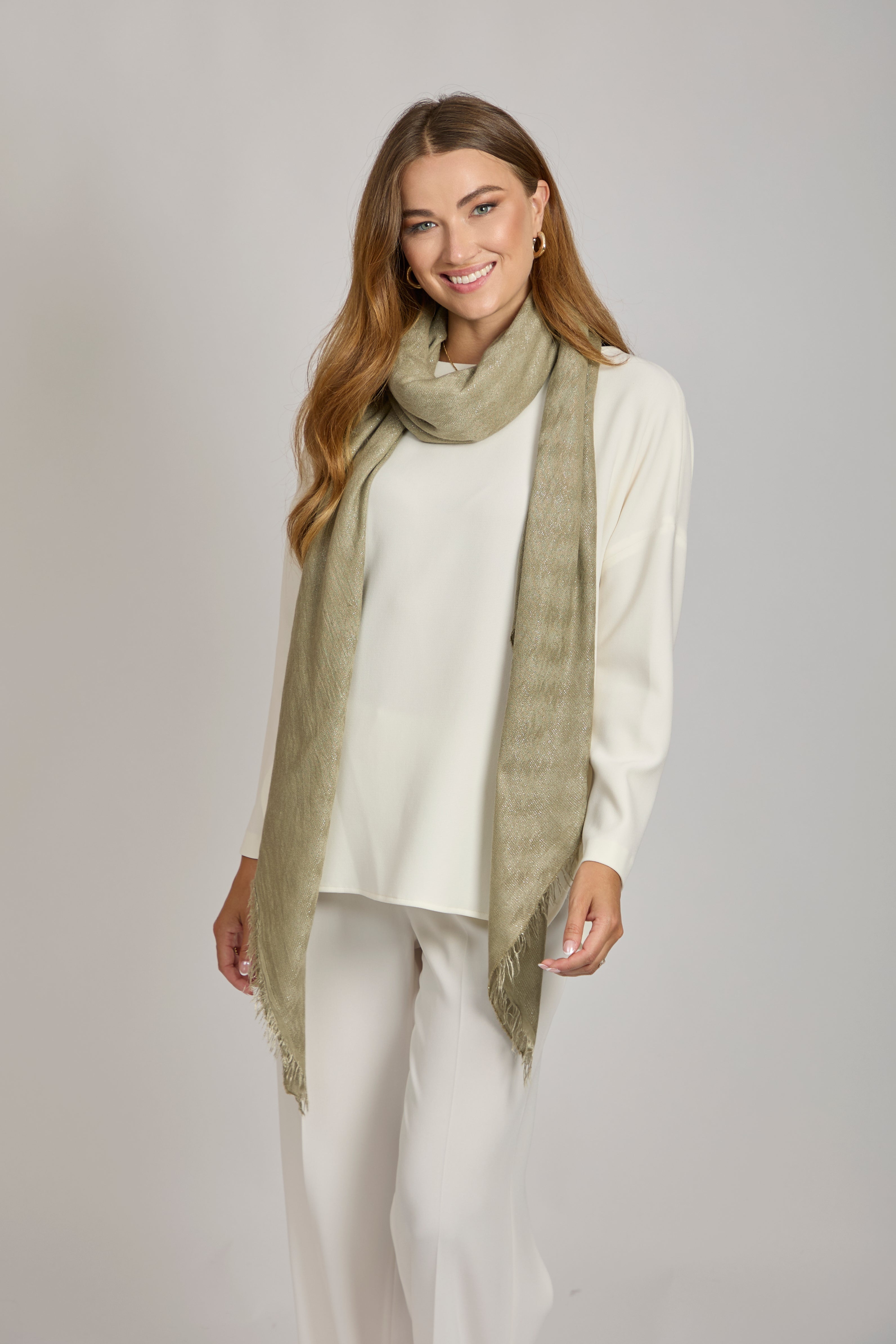 Degrade cashmere scarf in kaki with subtle ombre gradient, lightweight rectangular knit