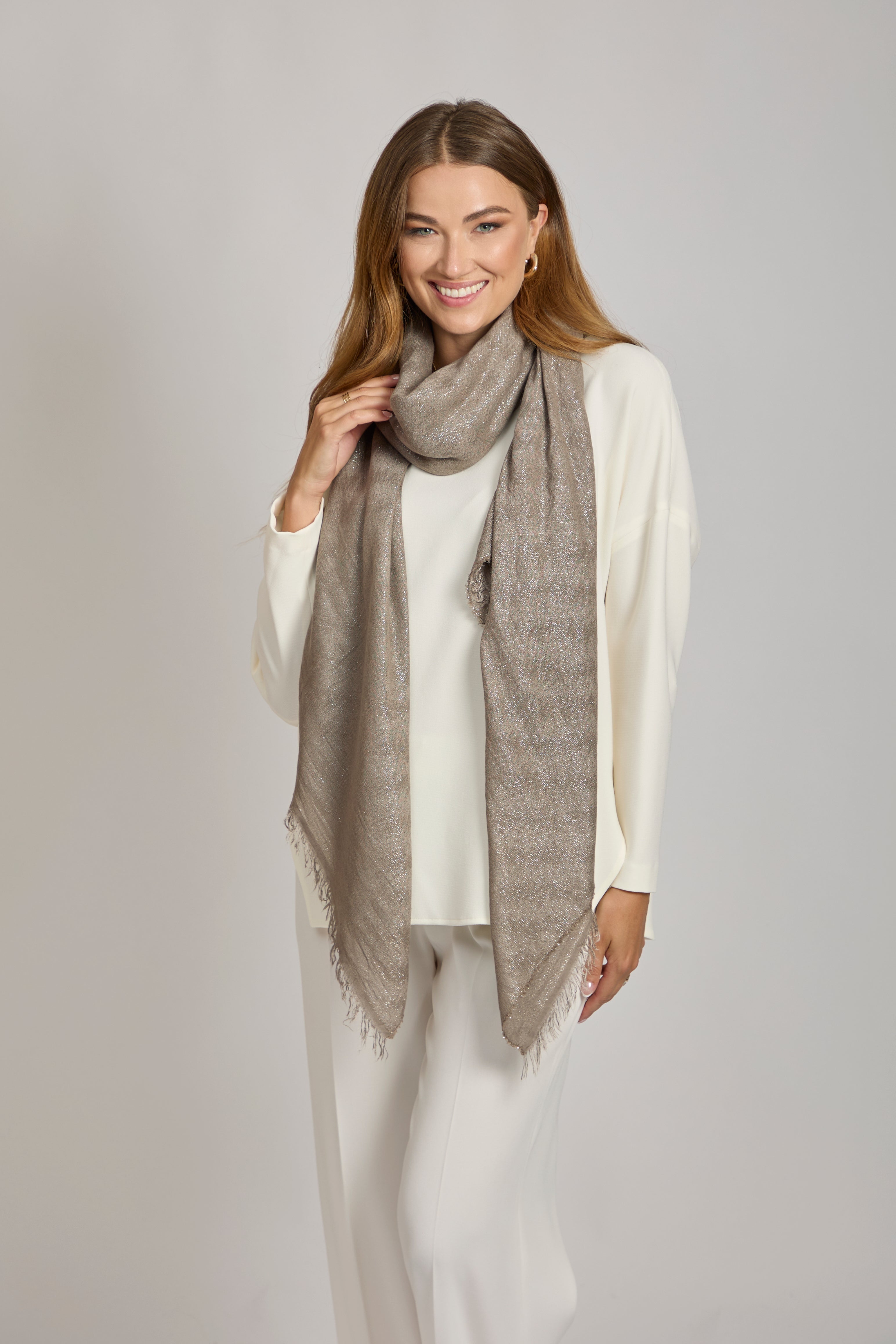 Degrade cashmere scarf in taupe with ombre shading and soft drape