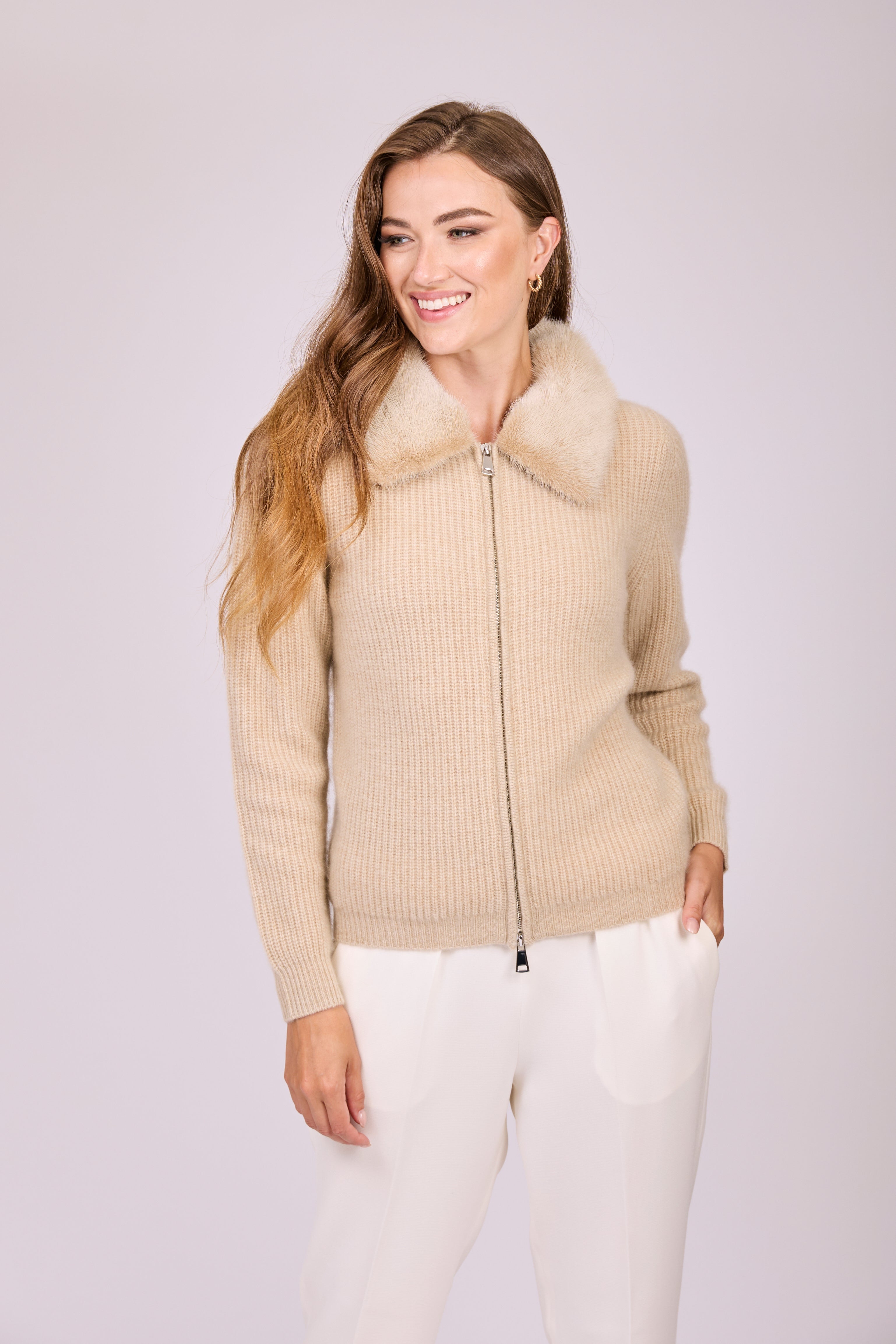 Dune cashmere zip cardigan with mink collar, zip-front long-sleeve knit