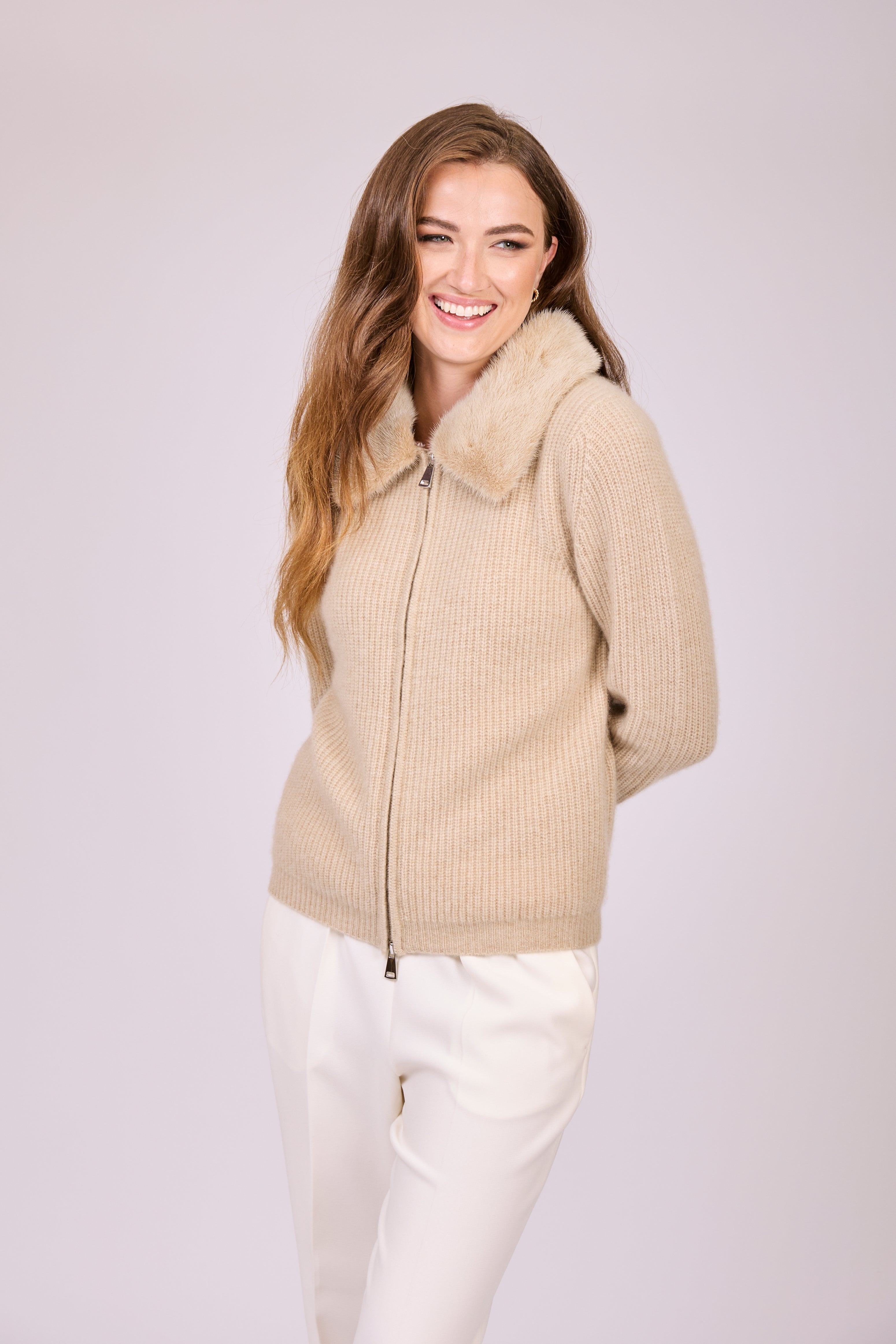 Divine Cashmere Dune cashmere zip cardigan with mink collar