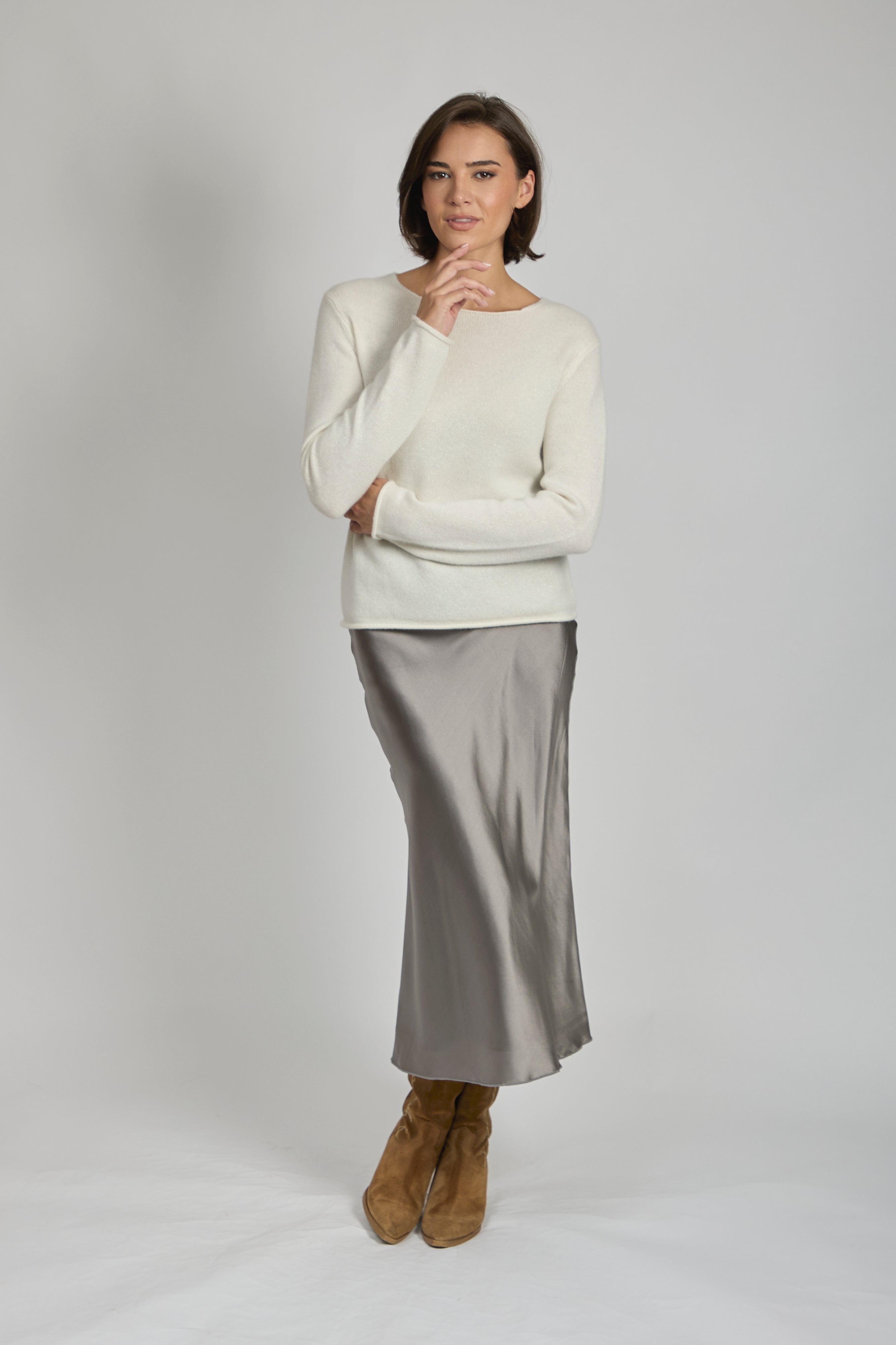 Divine Cashmere Fango bias-cut silk skirt with soft drape and fluid silhouette