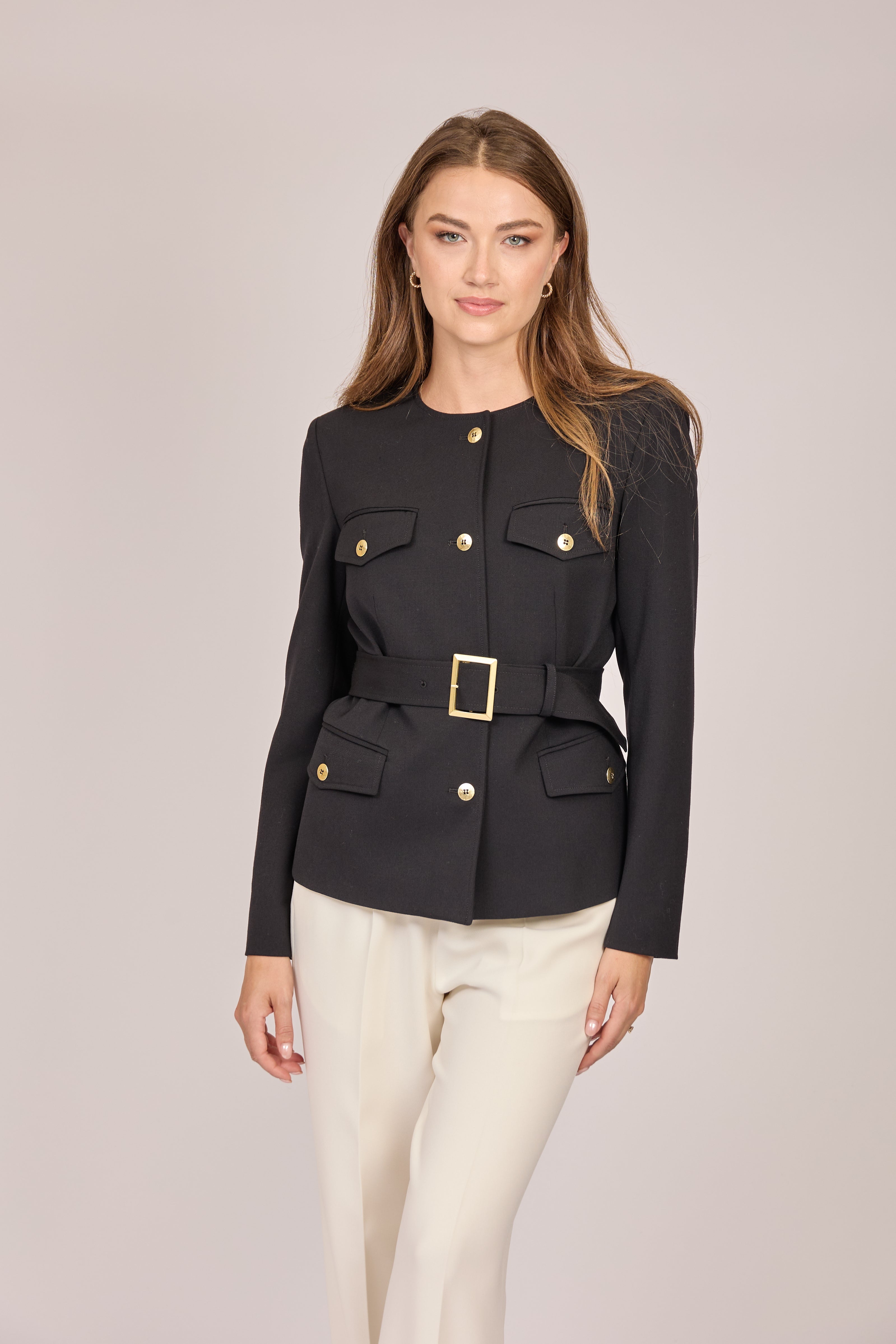 Divine Cashmere black gabardine belted jacket with notched lapel and tailored waist
