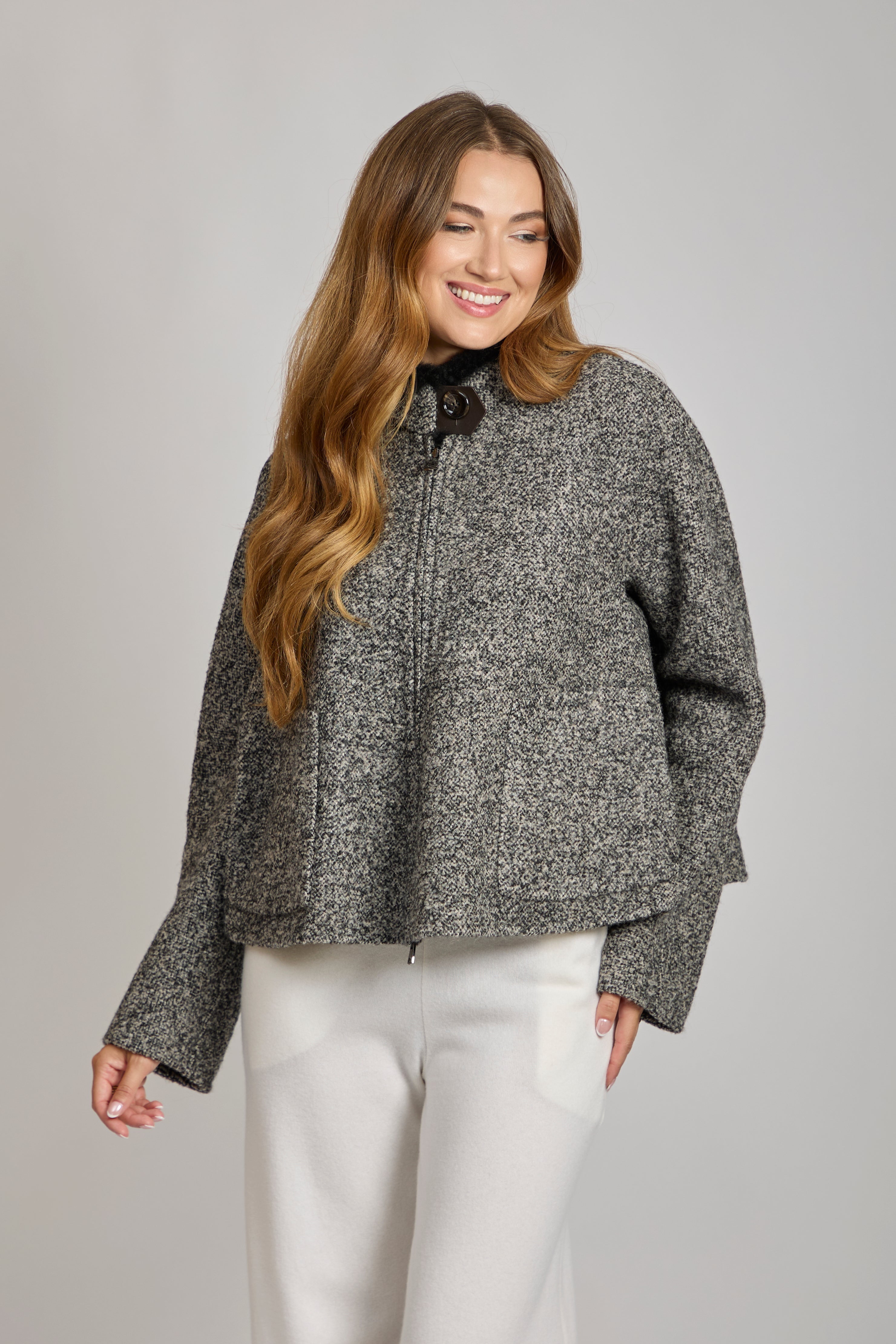 Herringbone cashmere-blend short jacket with tailored cut and textured weave