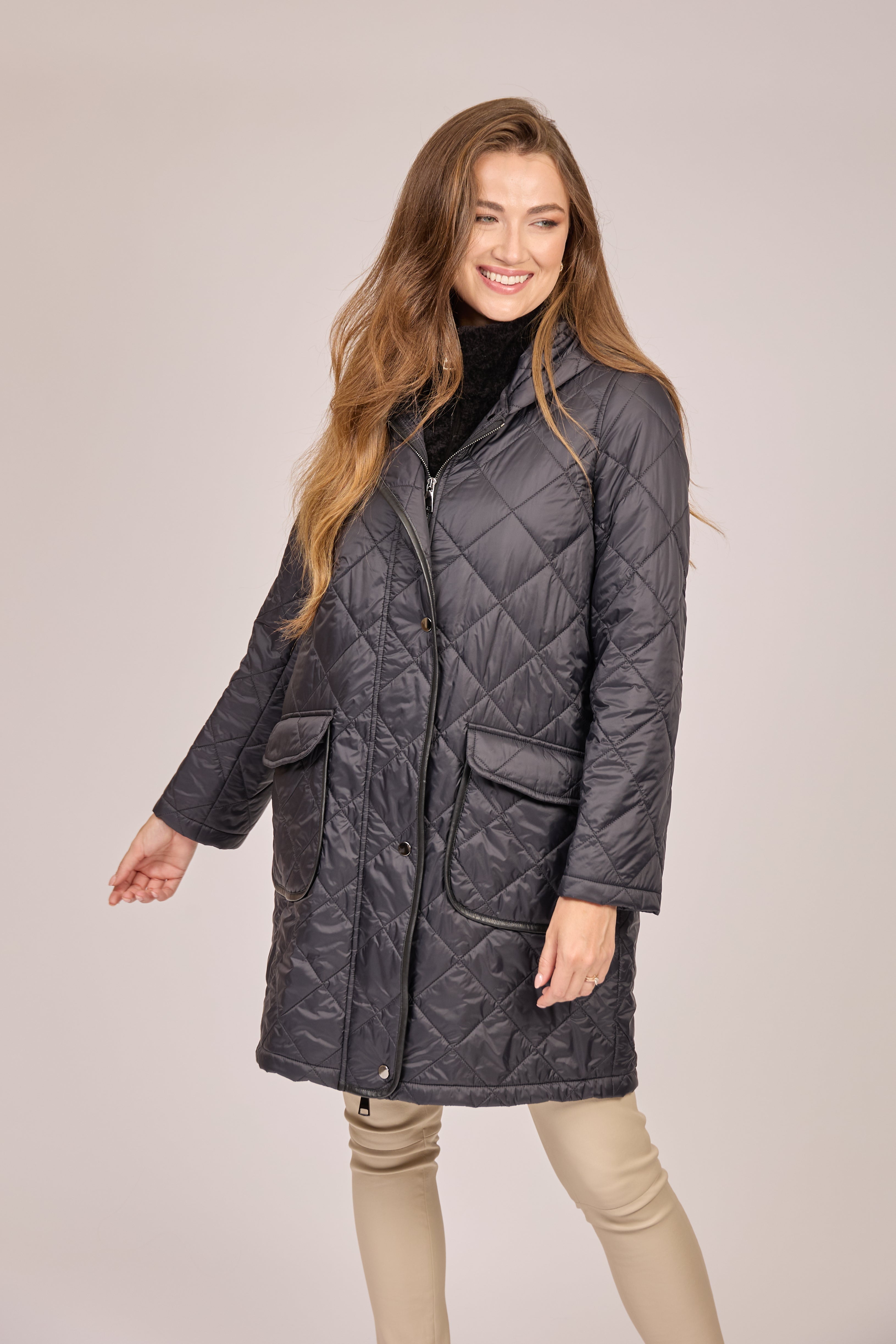 Divine Cashmere hooded quilted cashmere coat, Black, mid-thigh length with diamond stitching and zip front