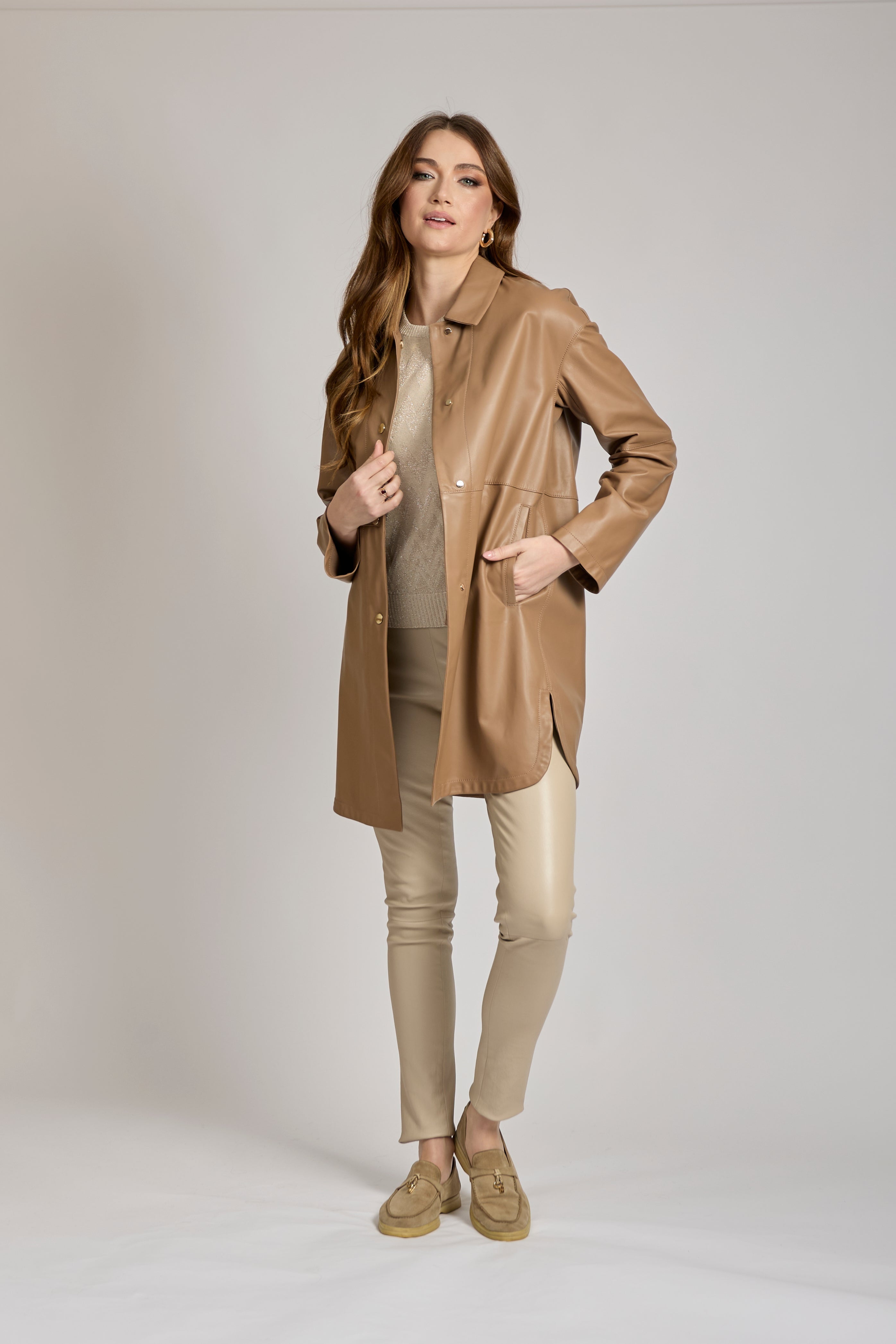 Tailored long leather coat with waist belt and notch collar, smooth finish, by Divine Cashmere