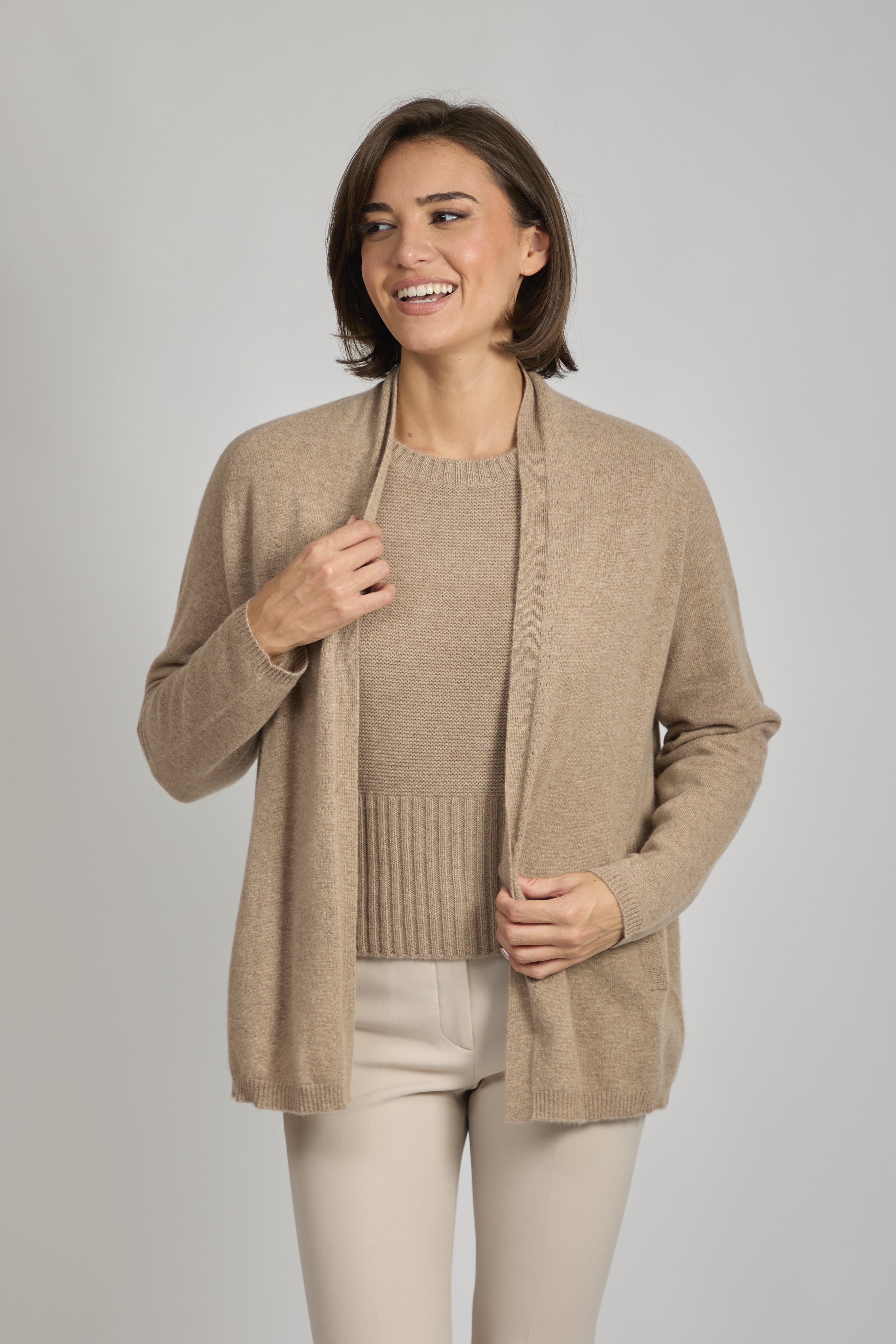 Long cashmere cardigan with ribbed trim, relaxed open-front silhouette