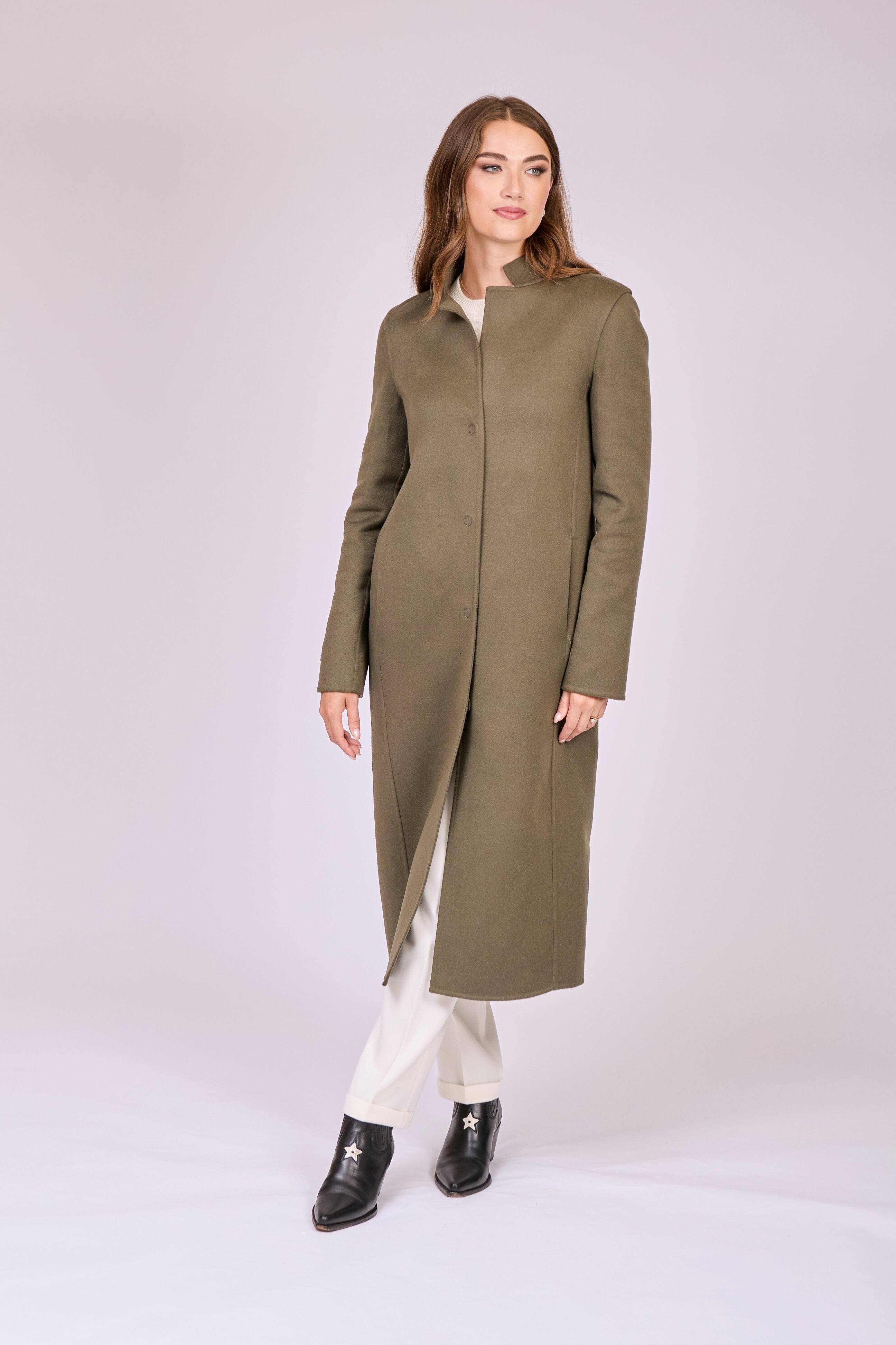 Divine Cashmere long cashmere coat in Dark Olive with a streamlined silhouette and clean lines