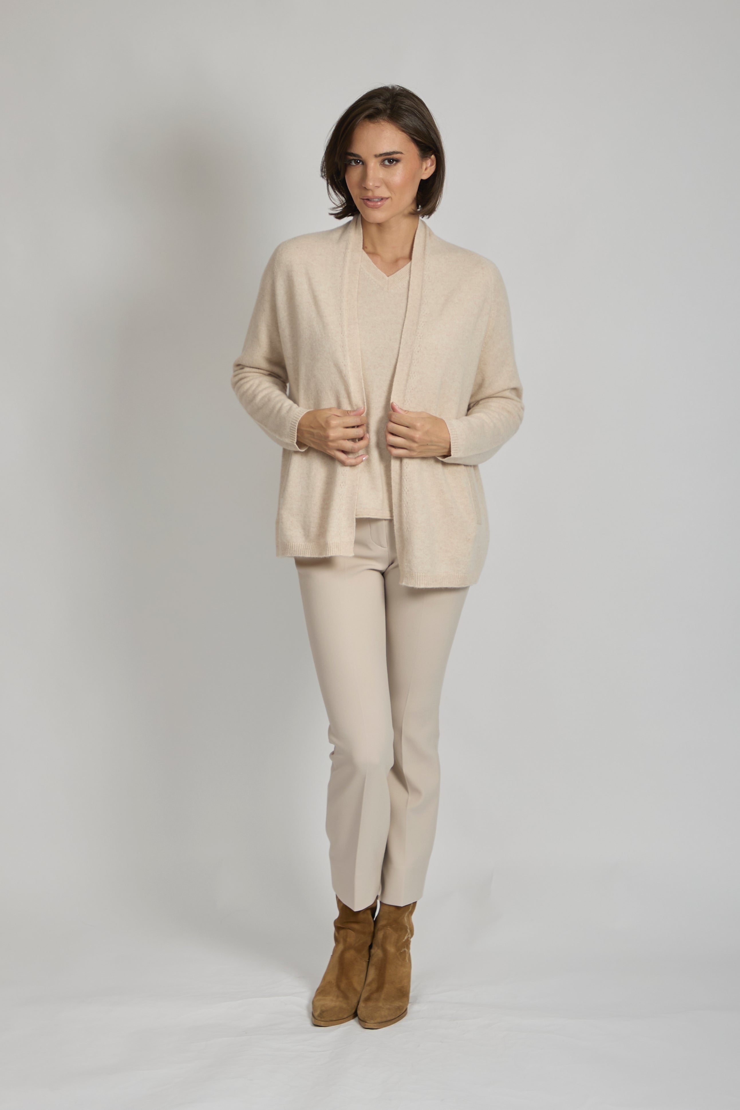 Divine Cashmere long ribbed cashmere cardigan, open-front silhouette with long sleeves and textured knit