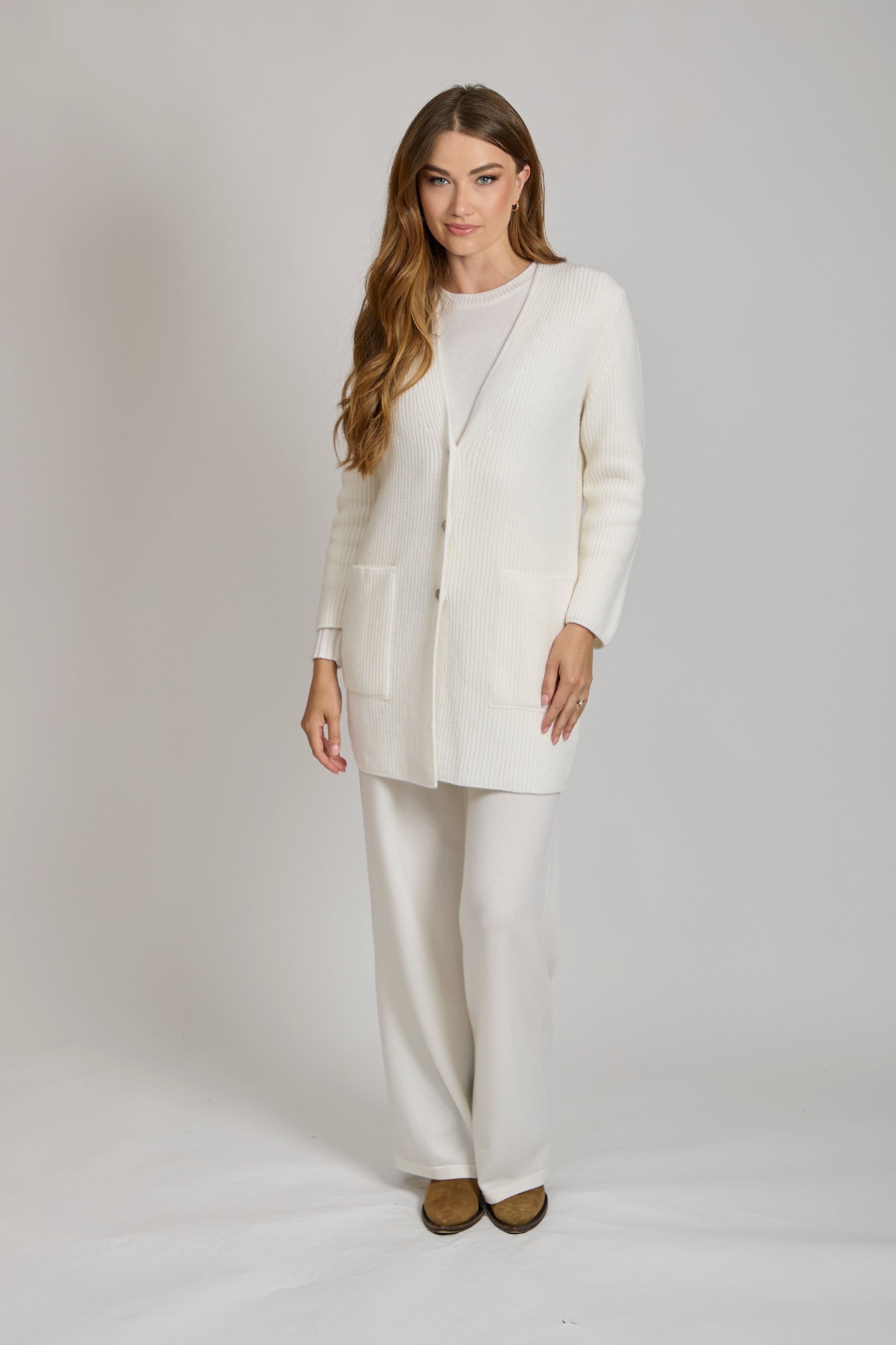 Divine Cashmere longline cardigan in cashmere with open front and long sleeves